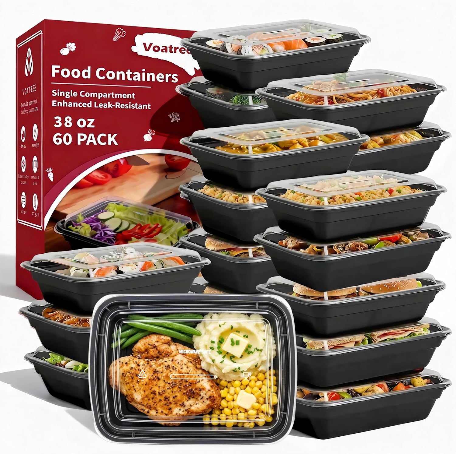 60 Pack 38 oz Meal Prep Containers Reusable, Plastic Food Storage Container with Lids,Leakproof To Go Lunch Boxes, BPA-Free,Freezer, Microwave, Dishwasher Safe Take Out Containers