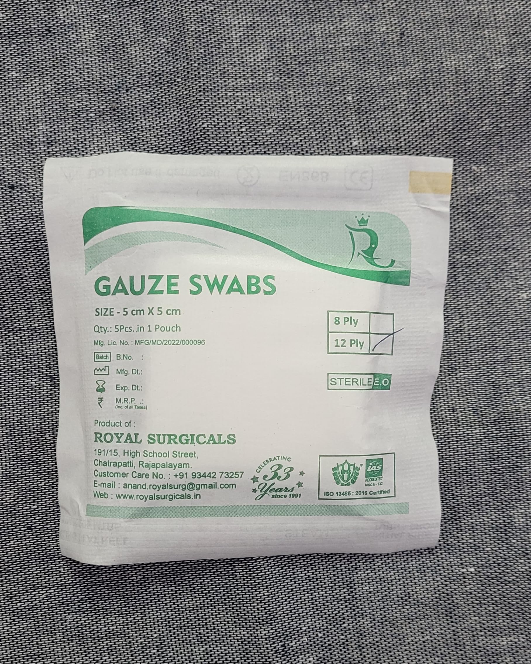 Sterile Absorbent Cotton Gauze Swab | Gauze Swab for Wound Dressing/First Aid/Home (5cm x 5cm x 12ply) (5 pcs per pack) (10 pack)