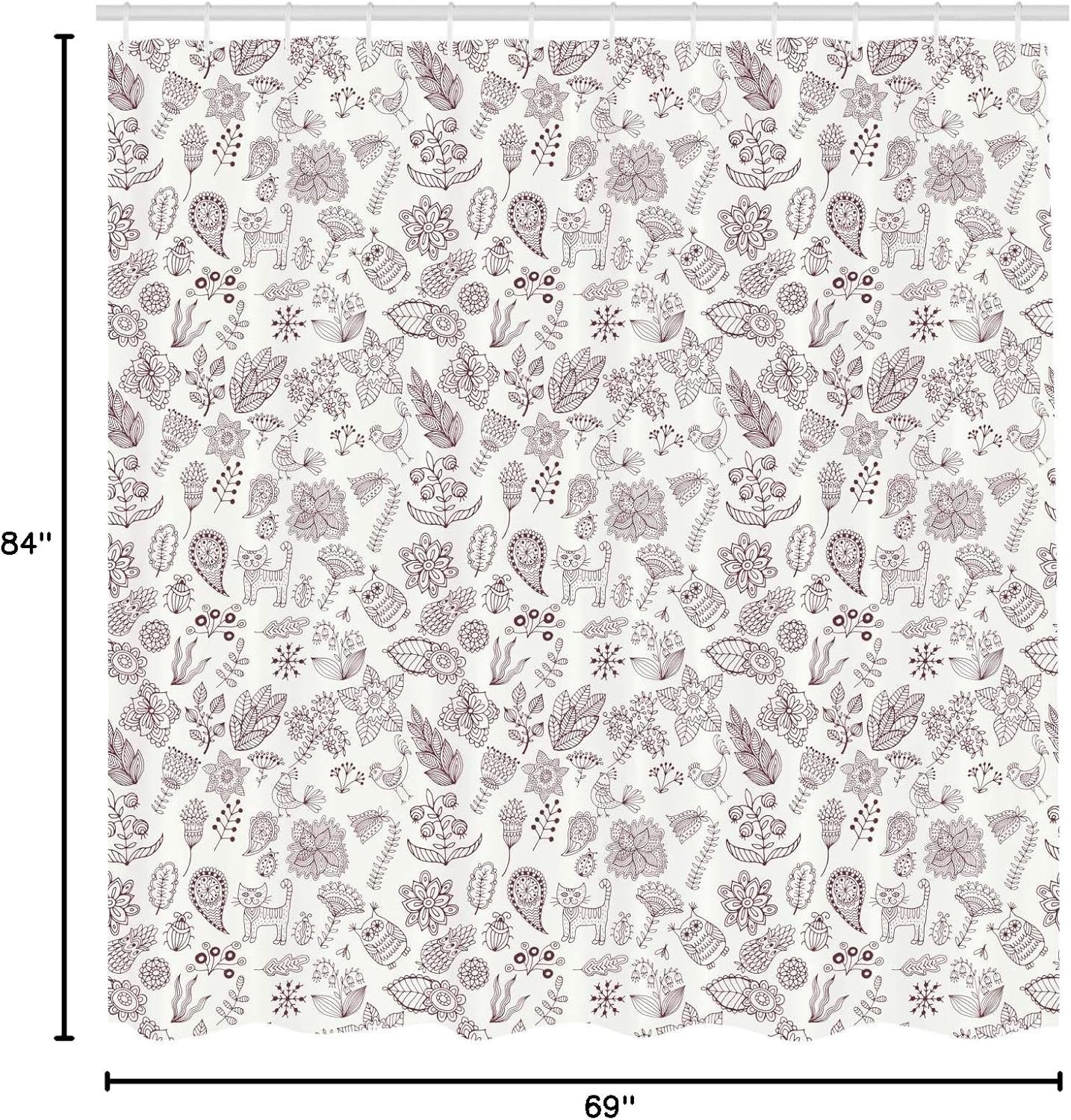 Ambesonne Playroom Shower Curtain, Nature Themed Owl Cat Bird Bluebells Tulips Leaves Doodle Art, Cloth Fabric Bathroom Decor Set with Hooks, 69" W x 84" L, Dark Brown White