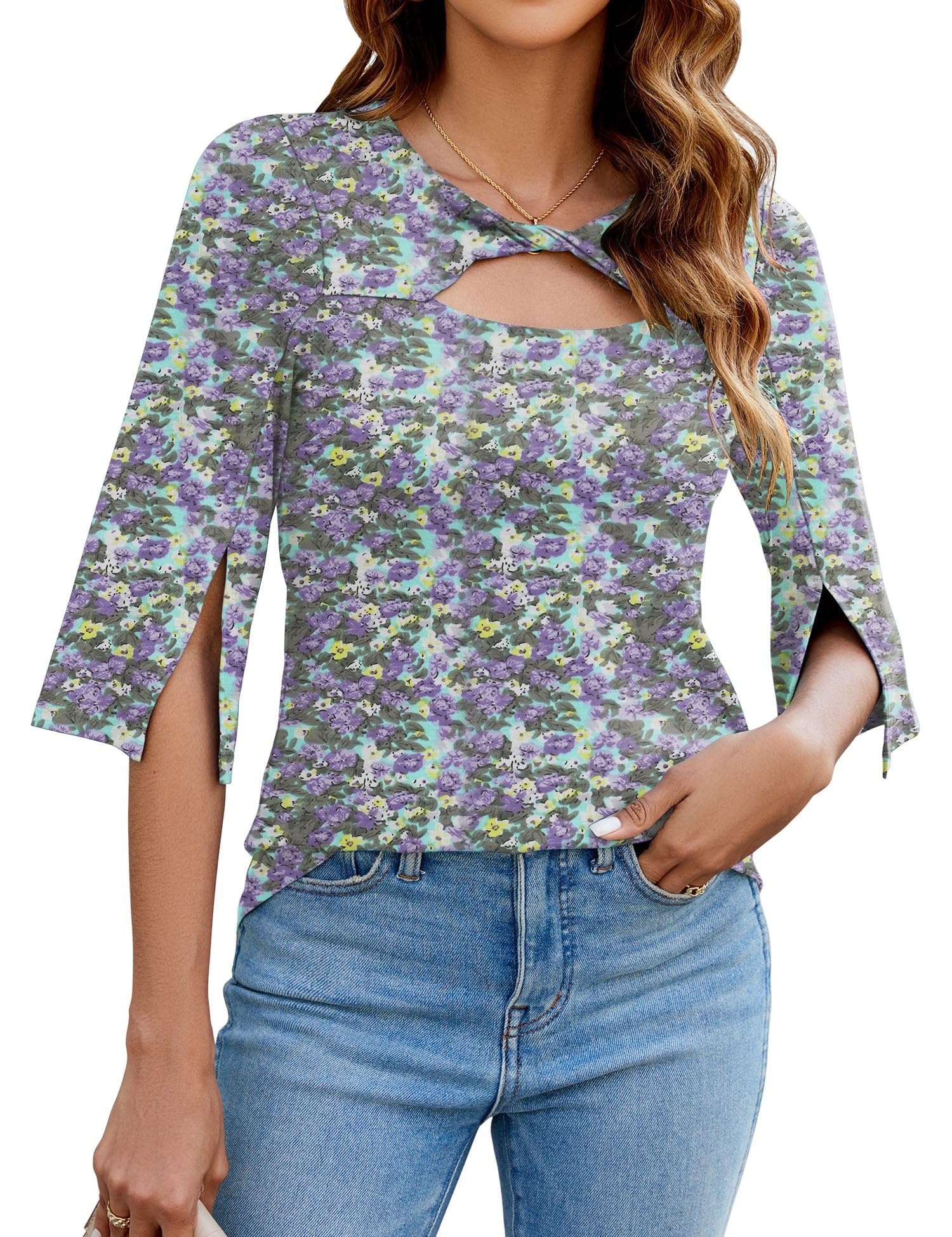 LUYAA Women's 3/4 Sleeve Tops Dressy Casual Summer Cut Out Twist Knot Elegant Blouse Tunics