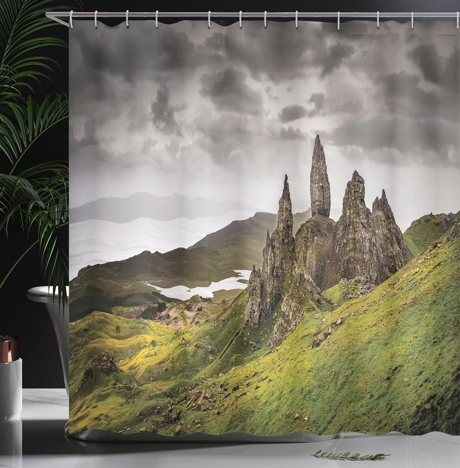 Ambesonne Scotland Shower Curtain, Landscape View of Old Man of Storr Rock Formation Dull Weather and Gloomy Sky, Cloth Fabric Bathroom Decor Set with Hooks, 69" W x 70" L, Grey Sepia Green