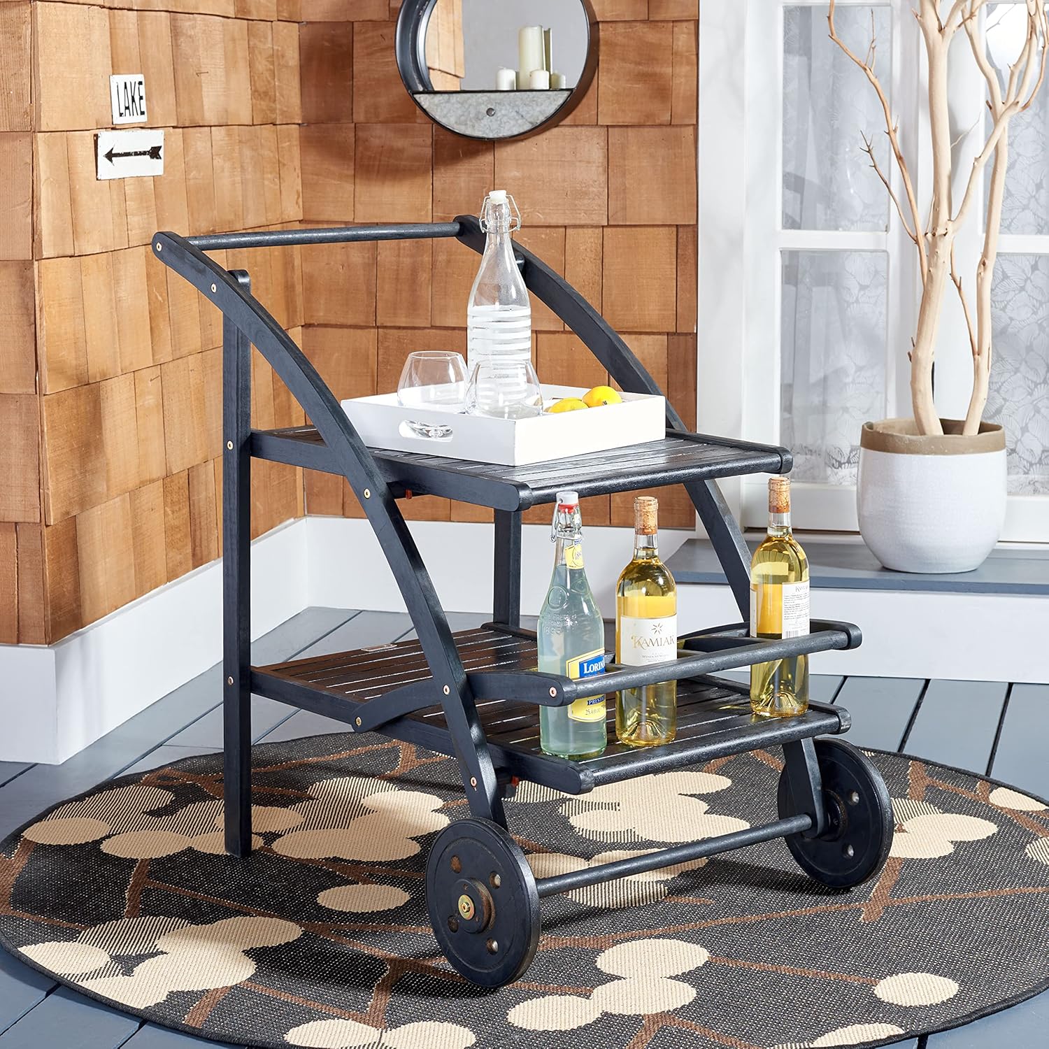 SAFAVIEH Outdoor Collection Lodi Black Acacia Wood Slatted Tea Cart