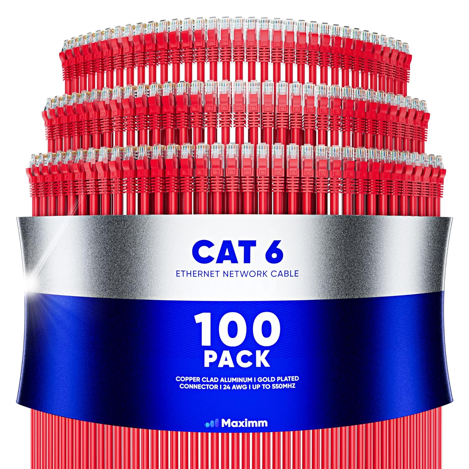 Maximm Cat 6 Ethernet Cable 8 ft (100-Pack) - High-Speed LAN Cable, Internet Cable, Patch Cable, and Network Cable - UTP, 10Gbps, 550MHz Ethernet Cord - Red