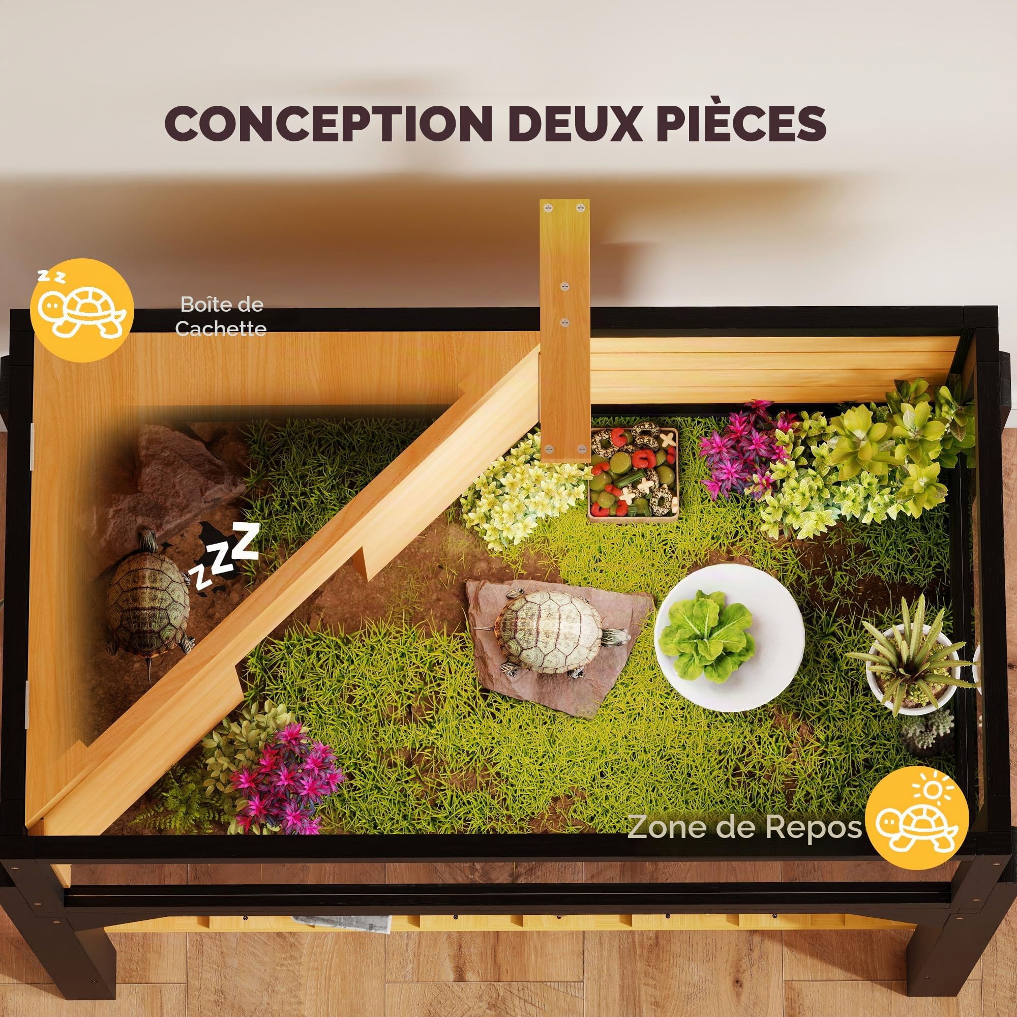 PawHut Maison de tortue en bois avec étagère et fenêtres transparentes, support de lampe, dessus ouvrable, plateau intégré, jaune