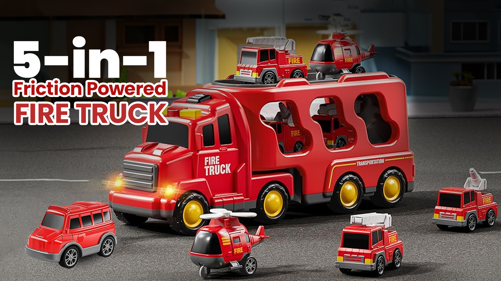 Friction Powered Fire Engineウサギヤブリキフリクショ Watch 5-in-1 Friction-Powered Fire Truck Toy Set on Amazon Live