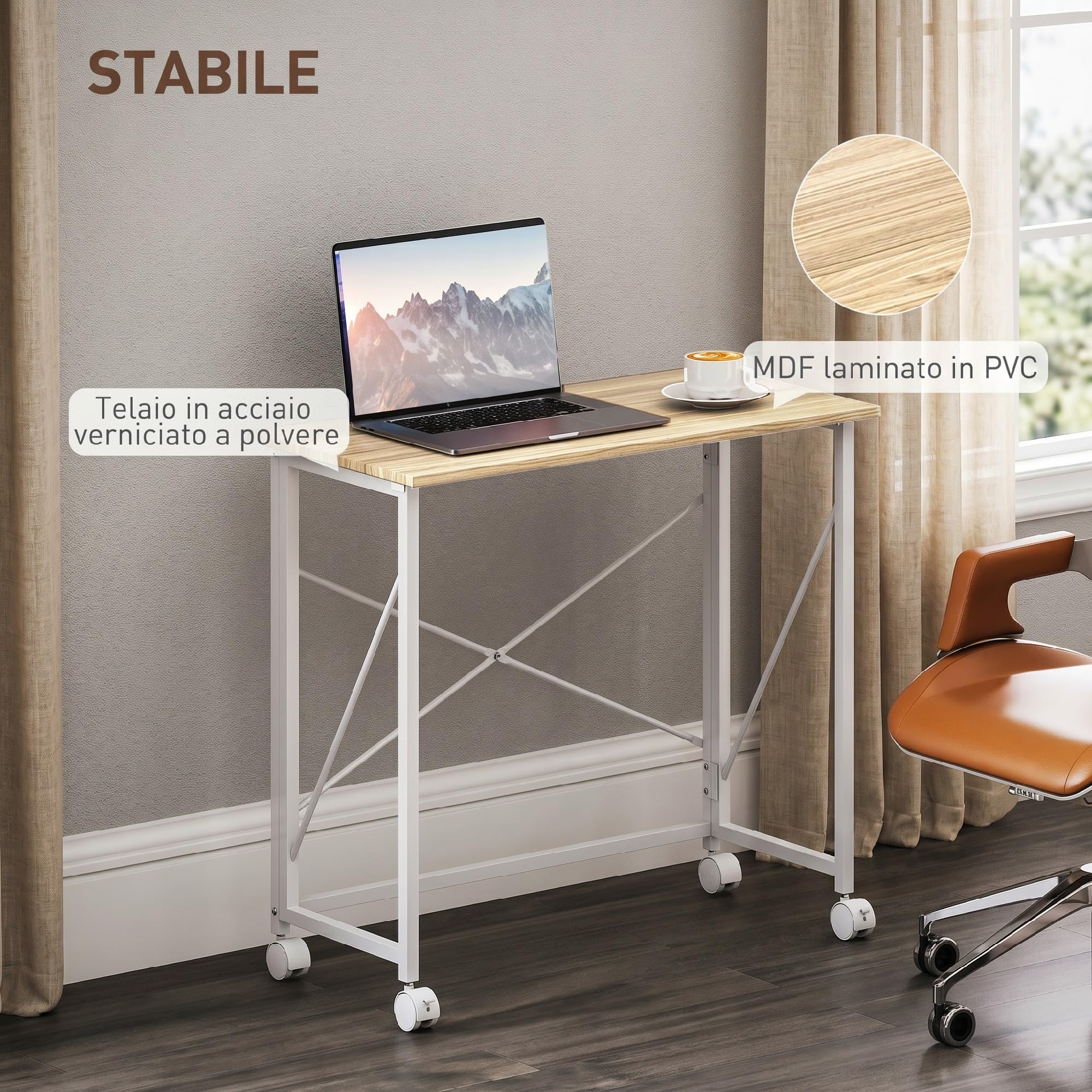 HOMCOM Scrivania Salvaspazio Pieghevole Portatile 80x40x75 cm Rovere | Scrivania Piccola, Ruote Frenanti, Tavolo Computer Richiudibile, per Studio Casa Ufficio