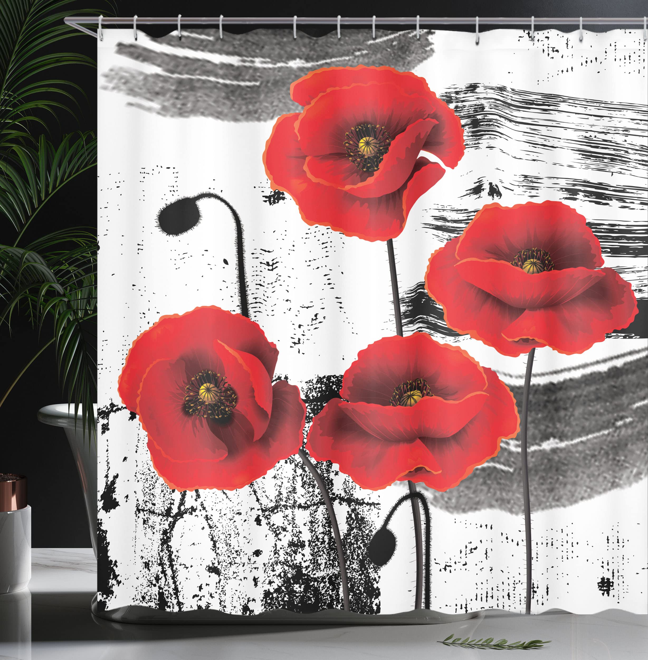 ABAKUHAUS Poppy Shower Curtain, Composition of Blossoming Flowers with Grunge Brush Background - Image 3