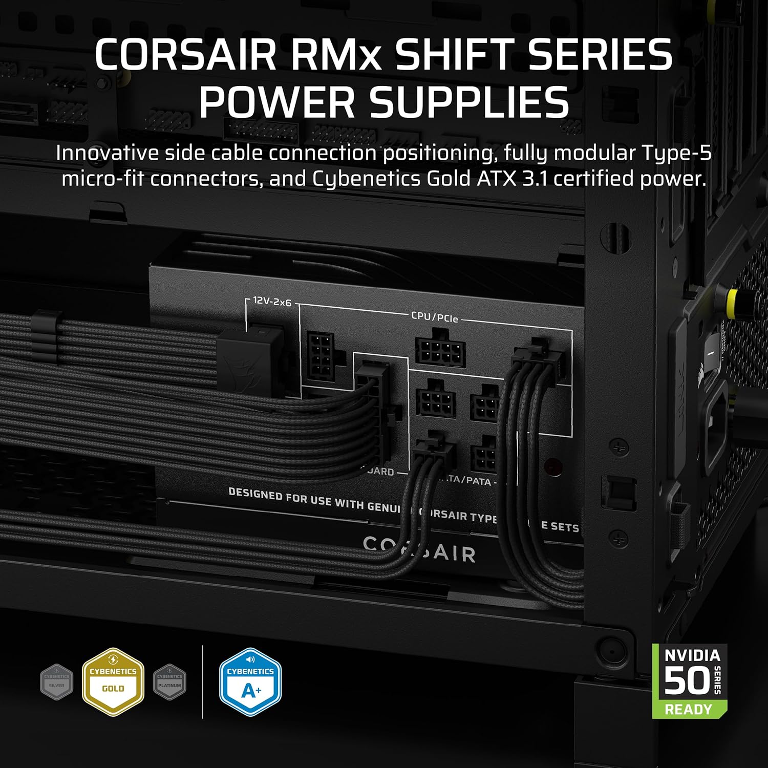 CORSAIR RM850x Shift (2025) Fully Modular ATX Power Supply – Modular Side Interface, Native 12V-2x6 Cable, ATX 3.1 & PCIe 5.1, Fan-Speed Control, 105°C-Rated Capacitors, Cybenetics Gold – Black