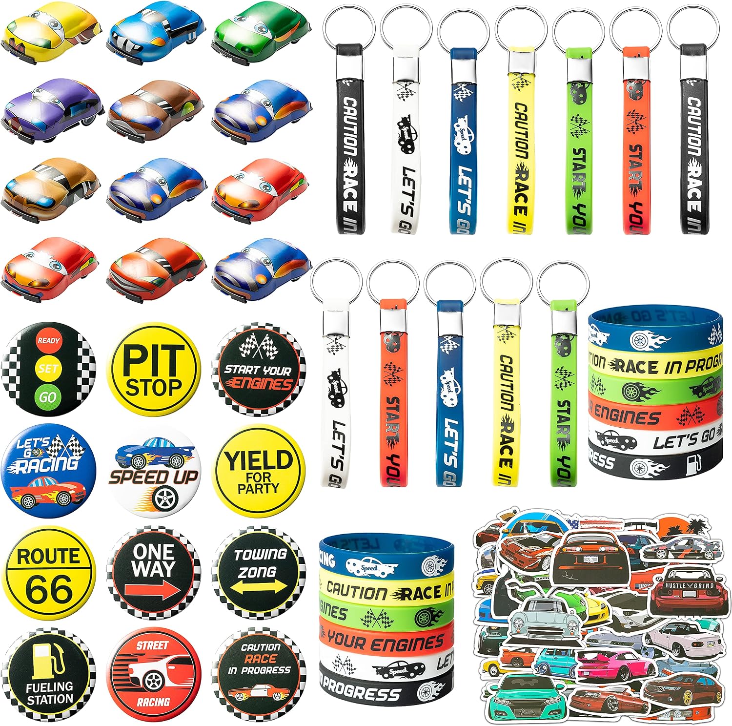 ANGOLIO 98Pcs Race Cars Party Supplies Kit Race Cars Party Favors Decorations Party Supplies Include Mini Cars Race Cars Stickers Keychain Wristband Badge for Kids Birthday Party