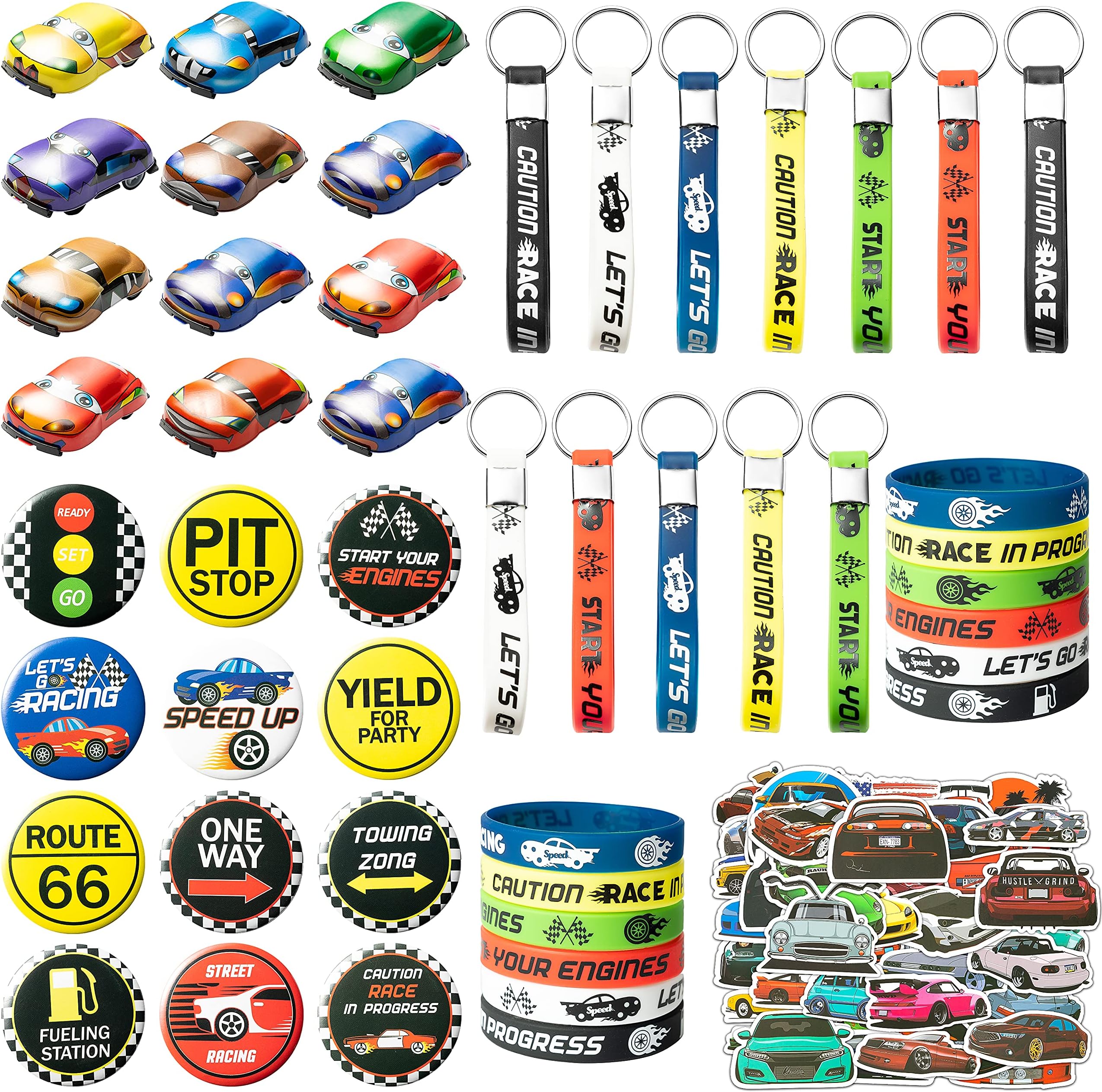 ANGOLIO 98Pcs Race Cars Party Supplies Kit Race Cars Party Favors Decorations Party Supplies Include Mini Cars Race Cars Stickers Keychain Wristband Badge for Kids Birthday Party
