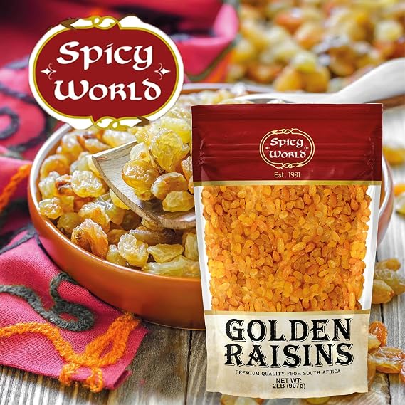 Spicy World Golden Raisins 2 LB Bulk Bag - Sweet & Seedless Sultanas from South Africa | | Perfectly Dried for Natural Sweetness | Ideal Dried Fruit Snack | For Baking & More | No Added Sugar