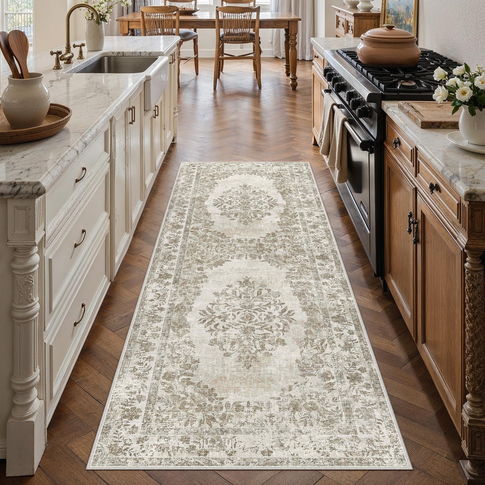 PureCozy 2x4 Runner Rug Beige Washable Hallway Kitchen Bedroom Vintage Distressed Bathroom Non Slip Medallion Floral Carpet Indoor Retro Throw Floor Mat for Office Dining Laundry Living Room — image 1