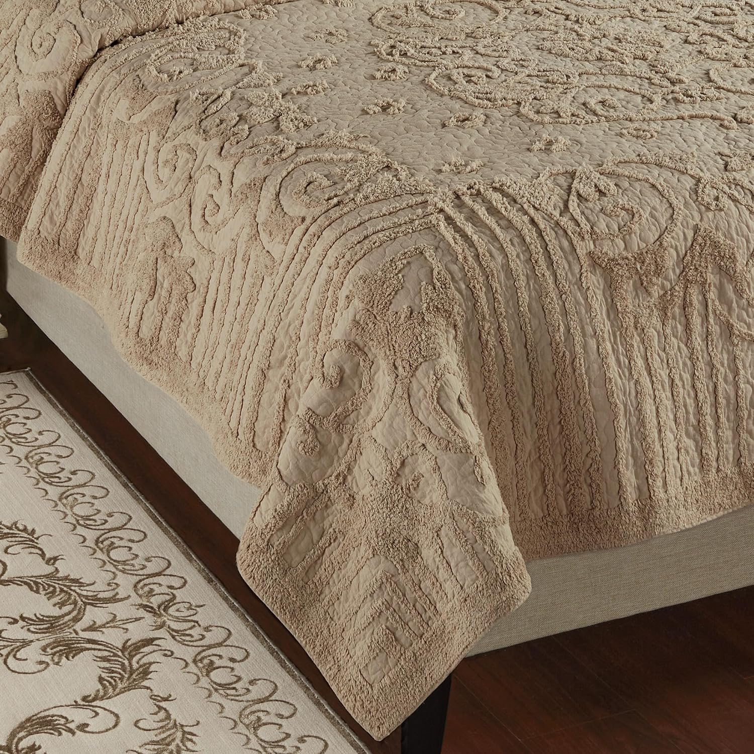 Lorenza Pure Cotton Chenille Bedding | Neutral Sand | Soft Tufted Scrollwork, Floral, and Stripe Designs | Solid Color 3-Piece Quilted Bed Set includes Oversized Queen Quilt & 2 Standard Pillow Shams