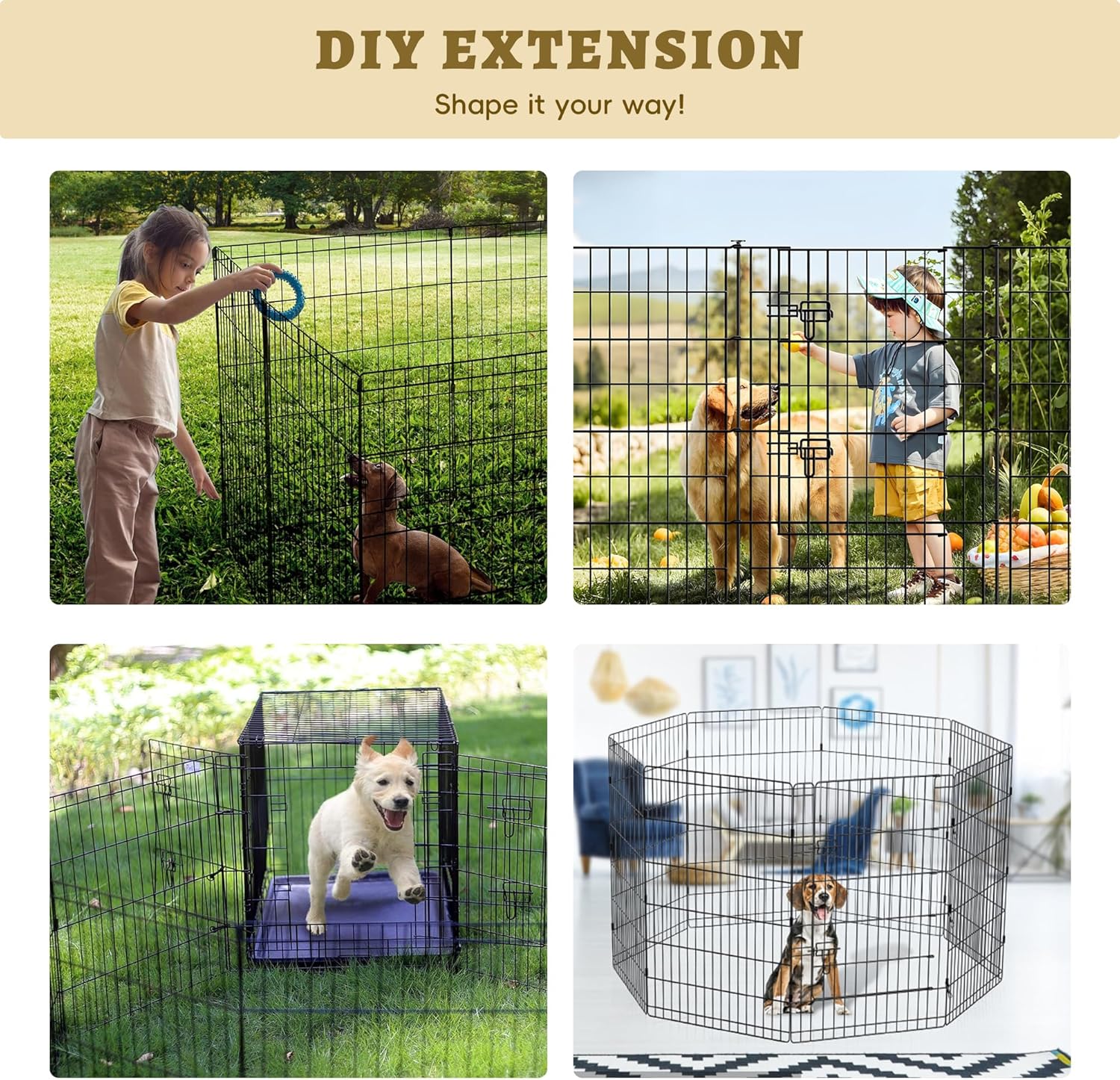 8-Panel Foldable Metal Dog Exercise Pen – 24/30/36/42/48 Inch Height, Step-Through Door Design, Indoor/Outdoor Playpen for Puppies & Dogs, Black Epoxy Coated Heavy Duty Pet Fence