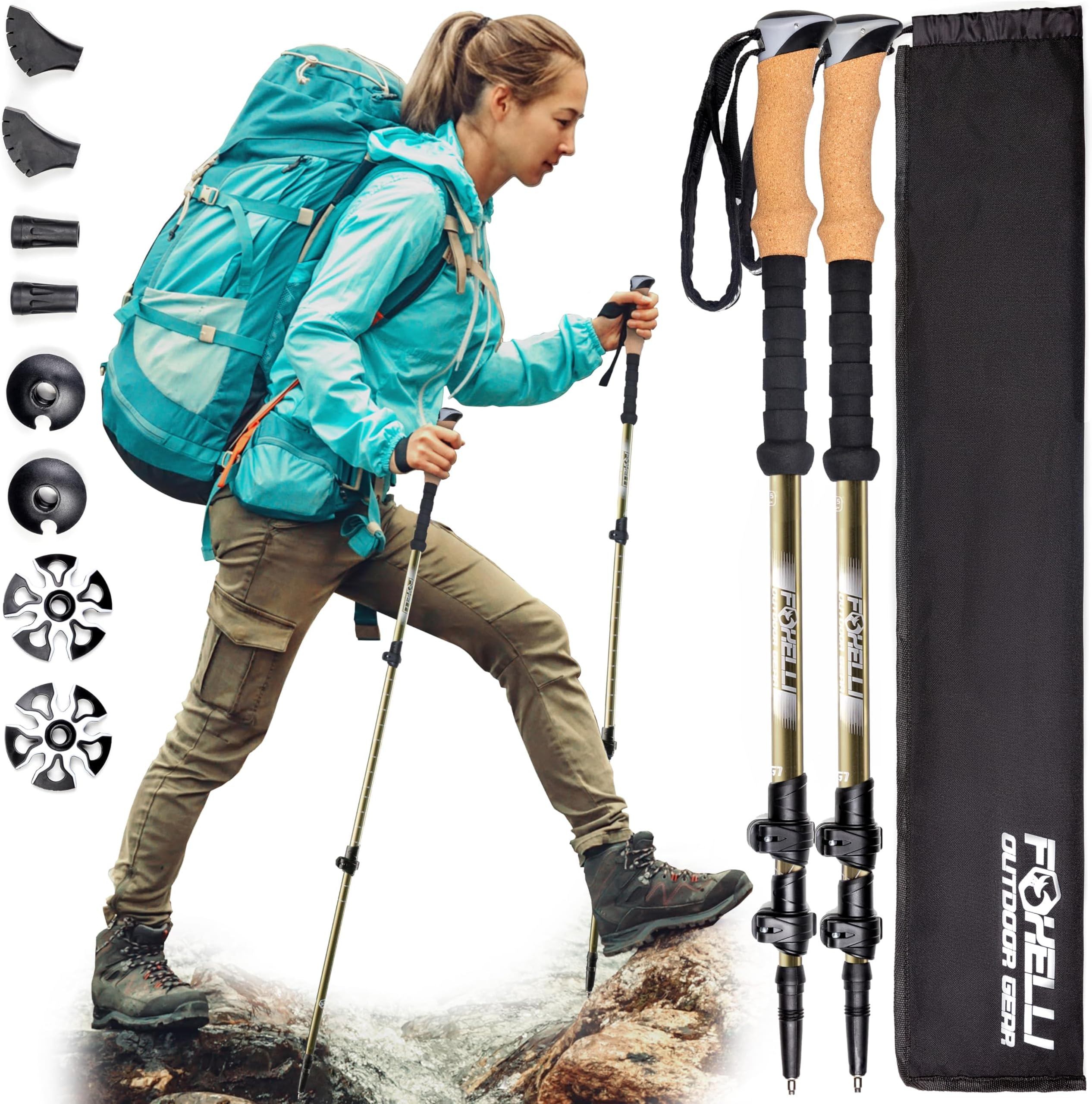 Foxelli Carbon Fiber Trekking Poles – Lightweight Collapsible Hiking Poles with Cork Grips, Quick Flip Locks & All-Terrain Accessories – Adjustable Height Hiking Sticks for Men & Women