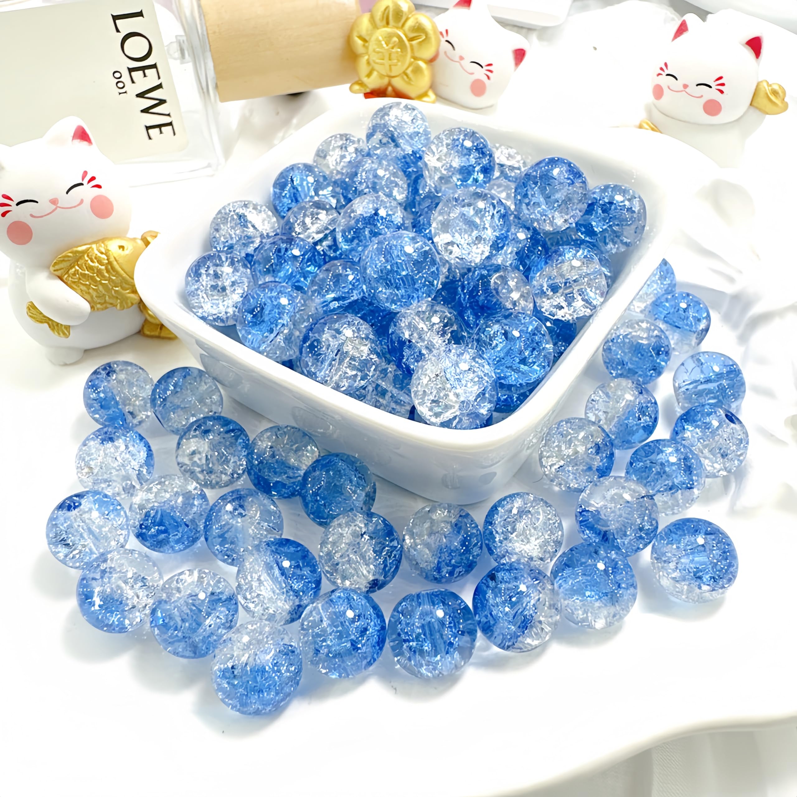 100Pcs 10mm Crackle Glass Beads with 2mm Hole - Smooth Round Beads for Bracelet Making, Jewellery Crafting Supplies for Necklaces, Earrings DIY (Sky Blue)