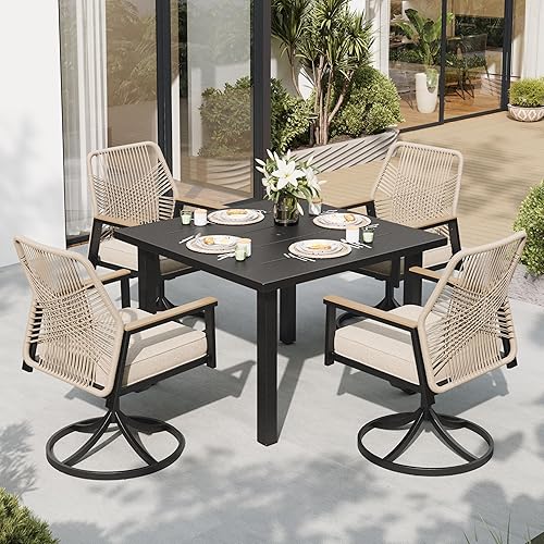 Patio Dining Set 5 Piece, 4 x Woven Rattan Swivel