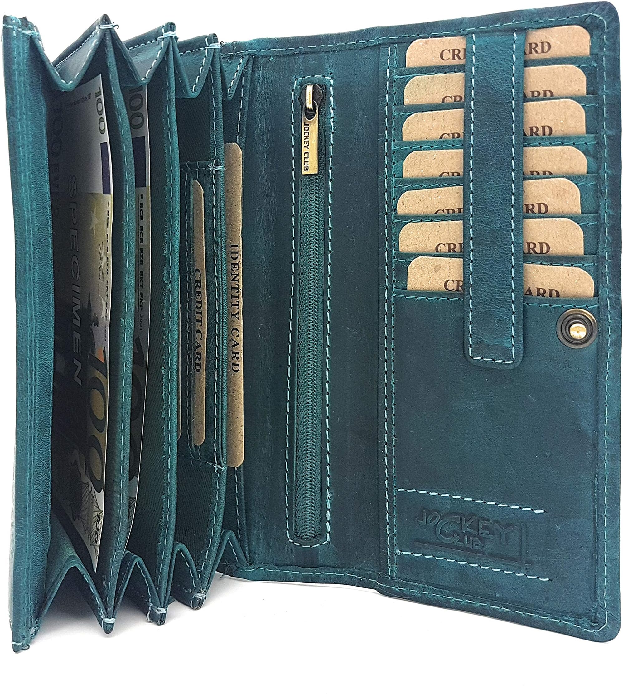 Genuine Leather Women's Wallet with RFID Protection Long Natural Hunter Leather Jockey Club Toro Rustic Petrol