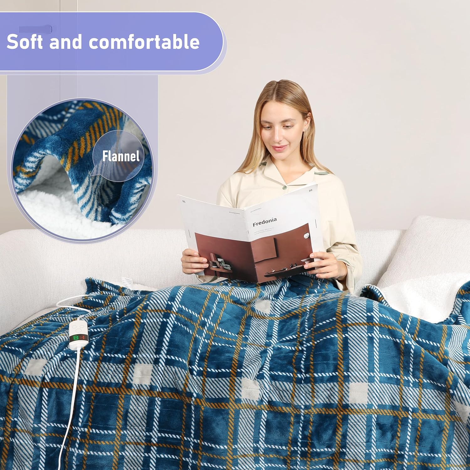Electric Blanket Heated Throw, Soft Flannel 50"x60" Plaid Heating Blanket with 8 Hours Auto Off 10 Fast Heating Levels Machine Washable Sherpa Heated Blanket with Overheating Protection - Image 3