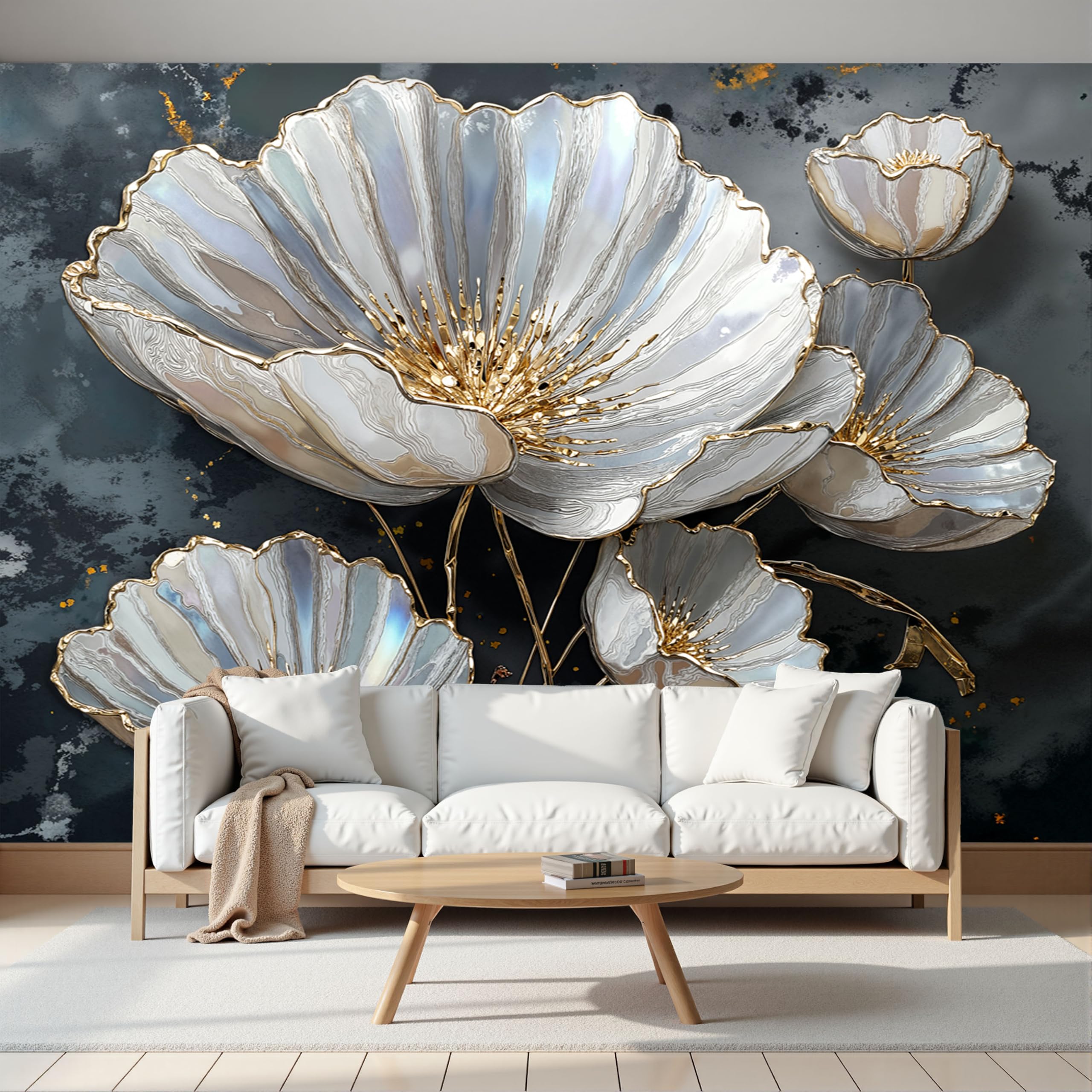 Papier peint panoramique 3D coquelicot relief fresque murale gris anthracite 450x315