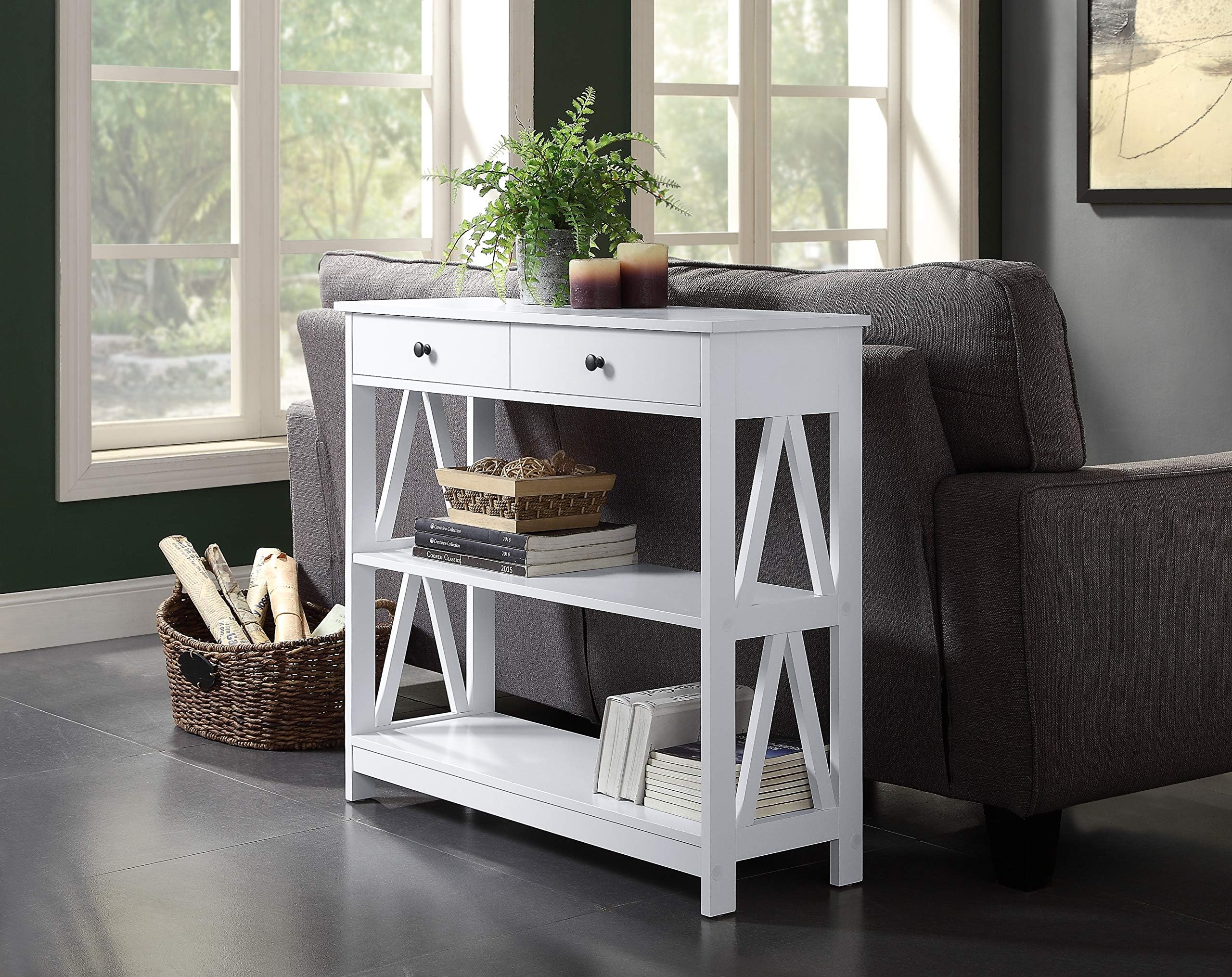 RAAMZO White Finish 3-Tier Console Sofa Entryway Table A-Design Sides with Shelf and Two Drawers