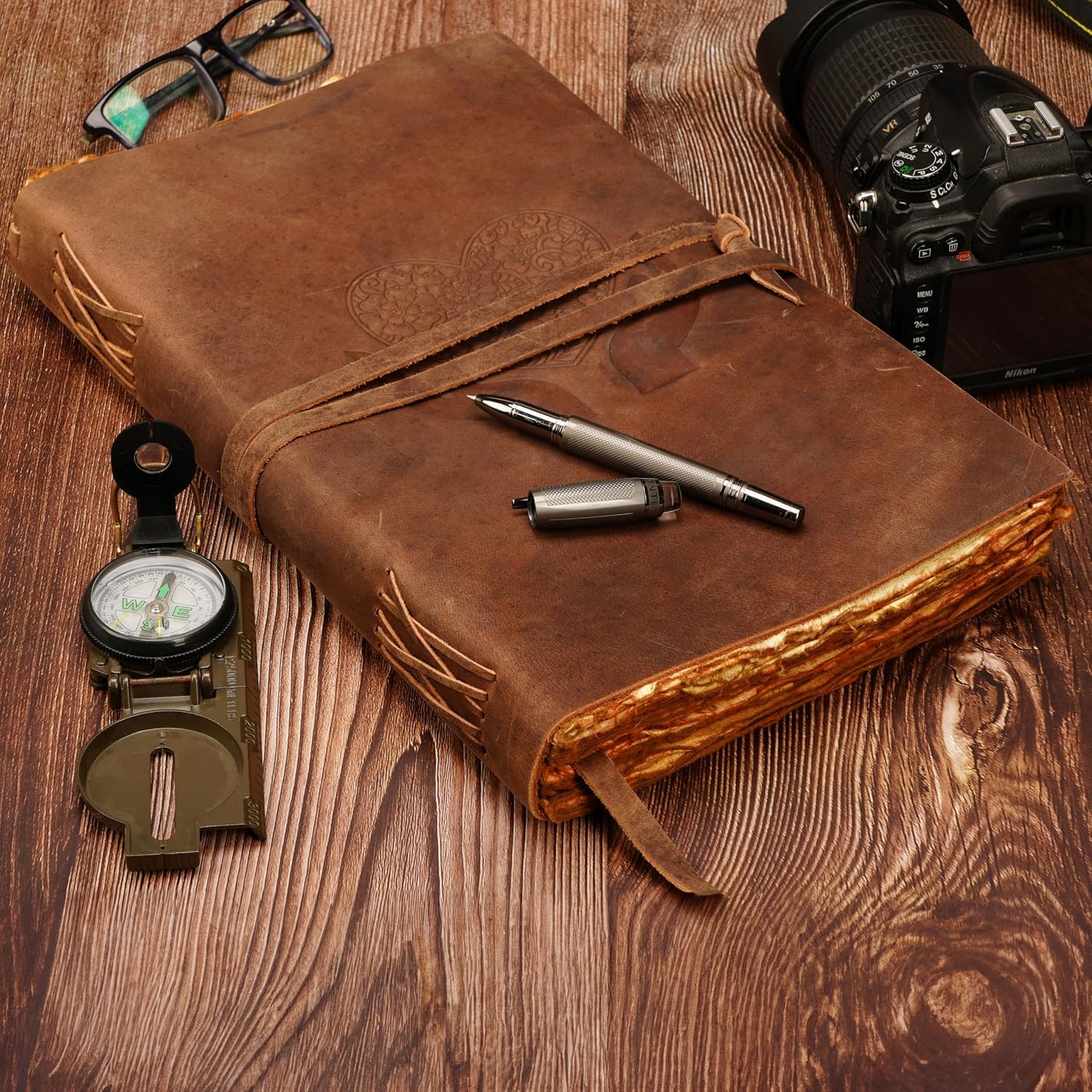 Heart Journal for Women and Men, Handcrafted Leather Journal for Writing Womens, Sketchbook, Travel Diary with Unlined Deckle Paper, Distressed Brown 8x13