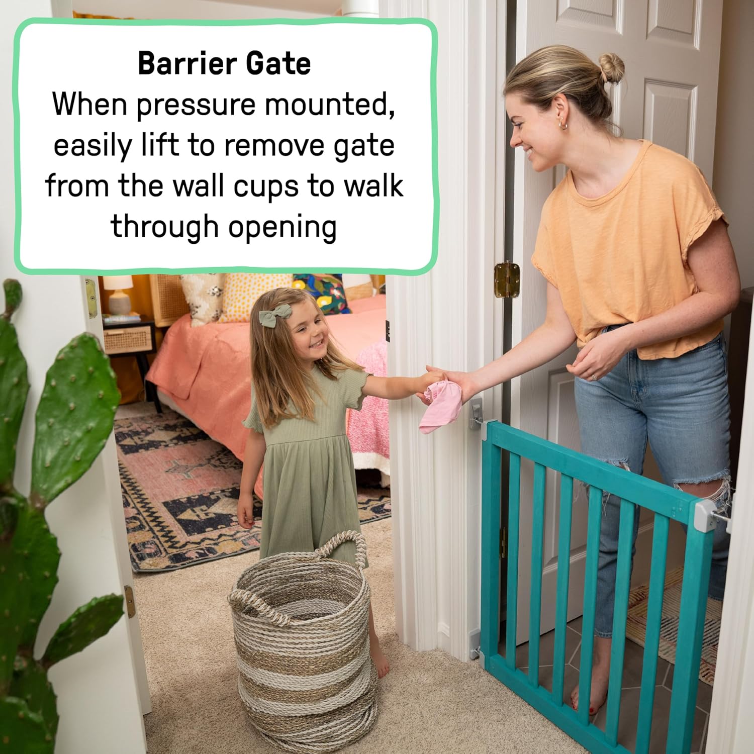 Barrier Gate: Easily lift to remove gate from wall cups when pressure mounted