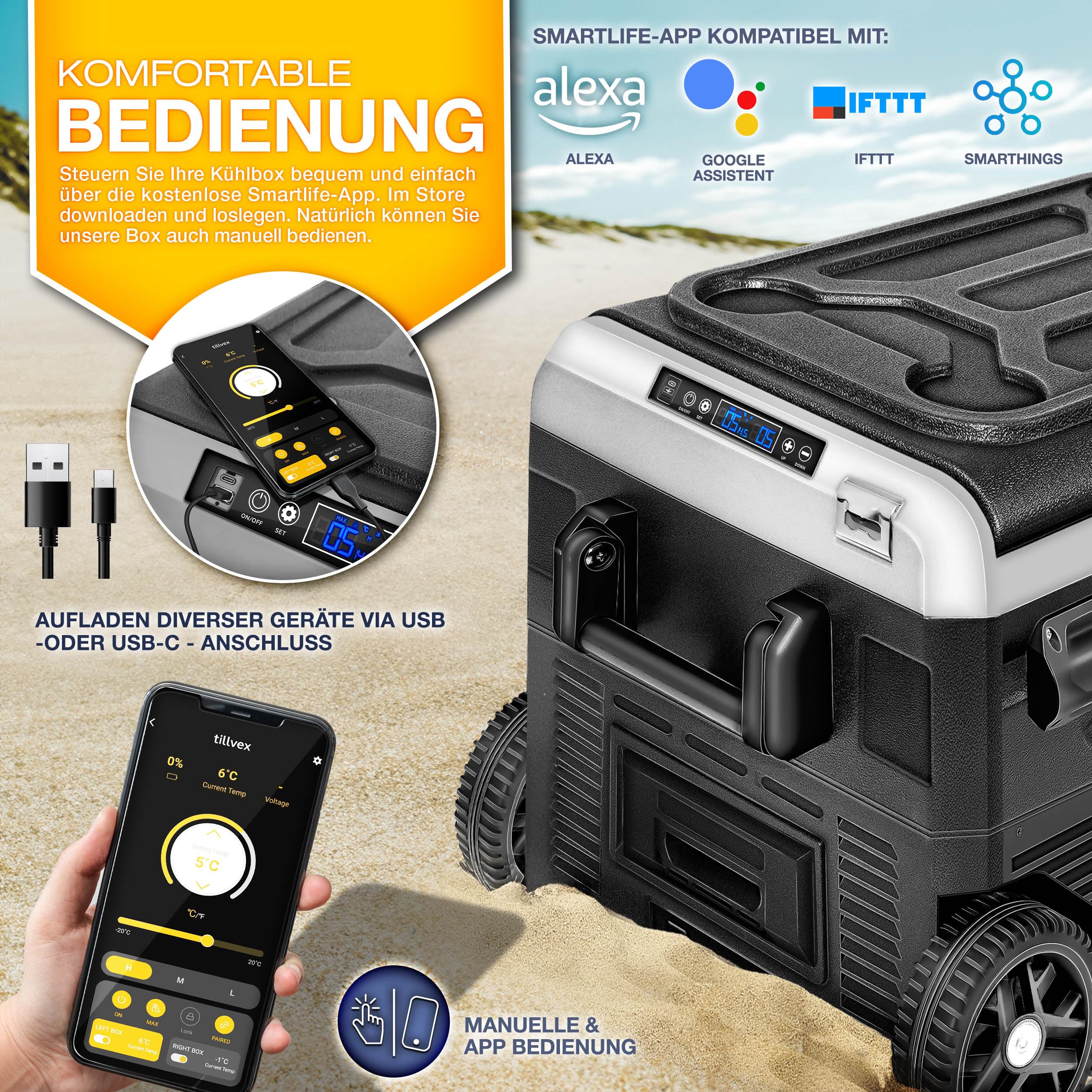 tillvex® Kompressor Kühlbox elektrisch 40-60 Liter | Elektrische Gefrierbox WIFI-APP-Steuerung 12/24 V 230V | Kühlschrank bis -20 °C für Auto, Lkw, Camping (Schwarz, 50 Liter - mit Akku)