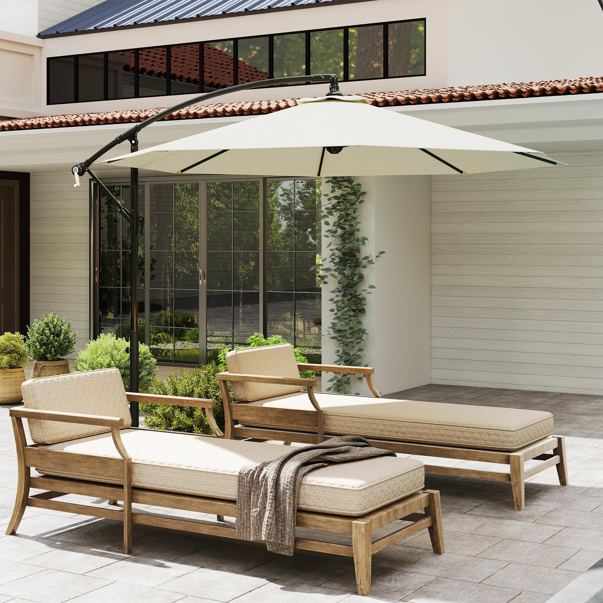 Outsunny Ombrellone da Giardino Ø3x2.5 m Inclinabile, Ombrellone Decentrato con Base a Croce e Manovella, in Metallo e Poliestere a Stecche, per Esterno Balcone Resistente ai Raggi UV, Beige
