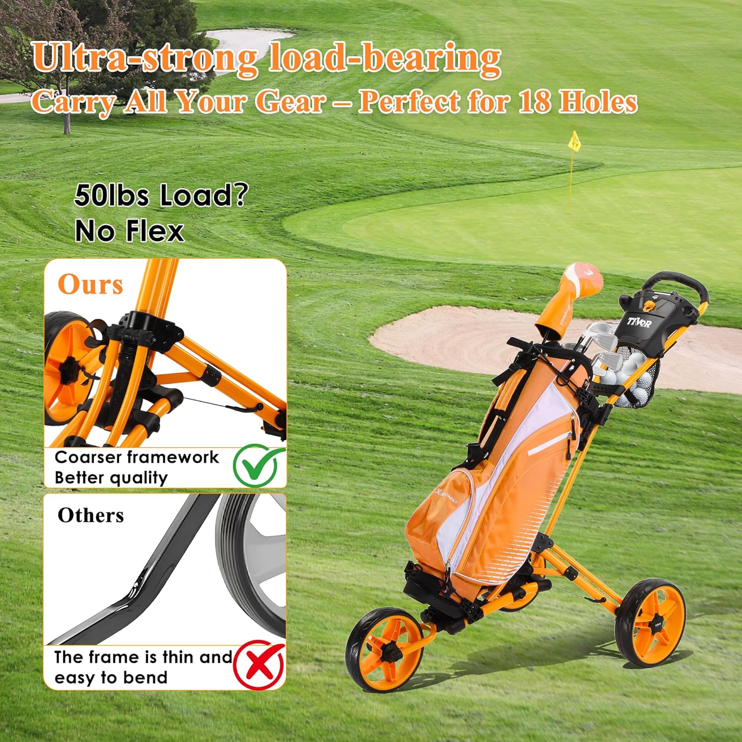 Tivor Lightweight Golf Push cart 3 Wheel,Foldable Golf Trolley for Adults and Junior with Ergonomic Adjustable Handle, Scorecard Holder, Umbrella Mount, Foot Brake, All-Terrain Wheels