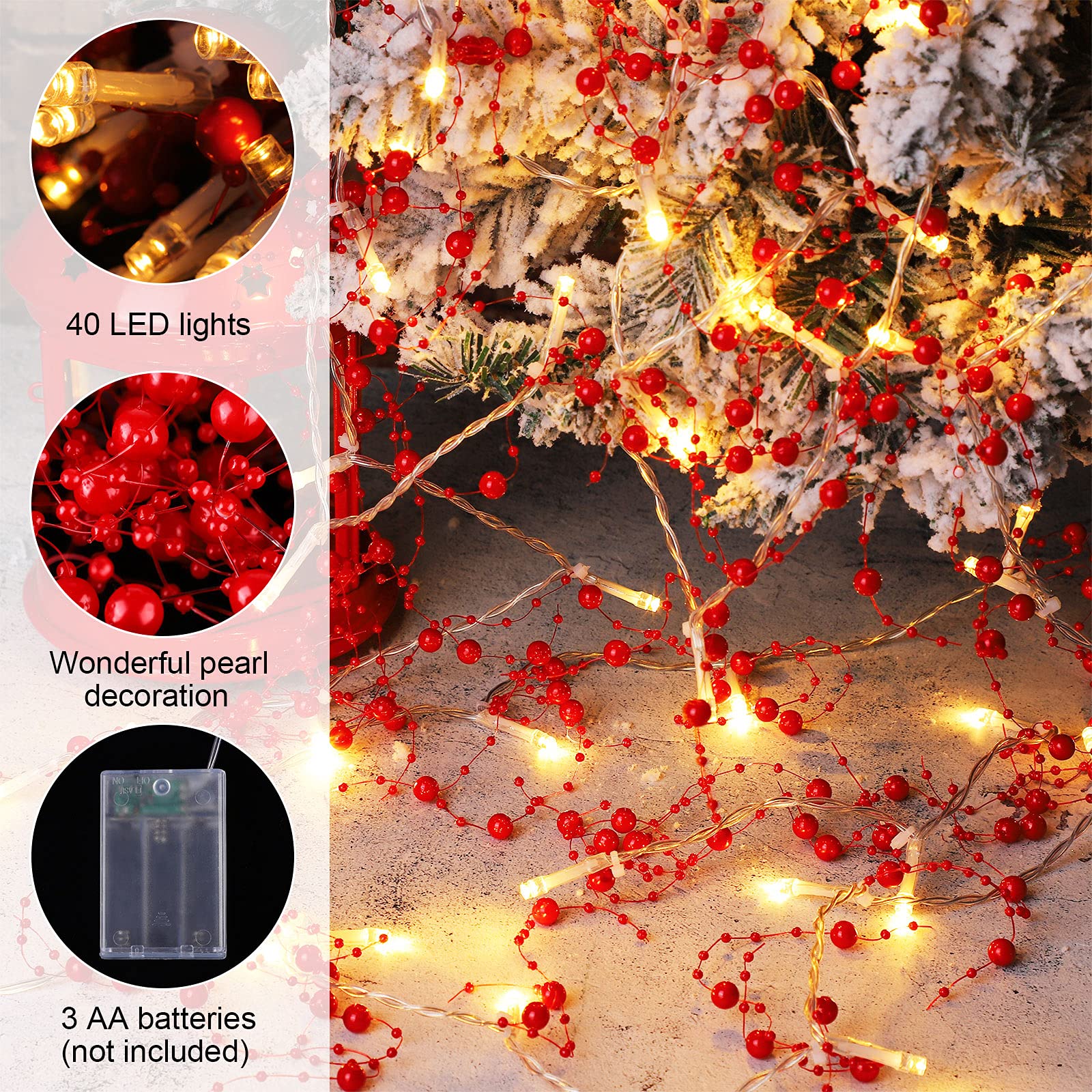 MCEAST Guirnalda de Navidad con cuentas de bayas rojas de 13 pies de Navidad con 40 luces LED iluminadas con cuentas de bayas para Navidad, decoración interior y exterior