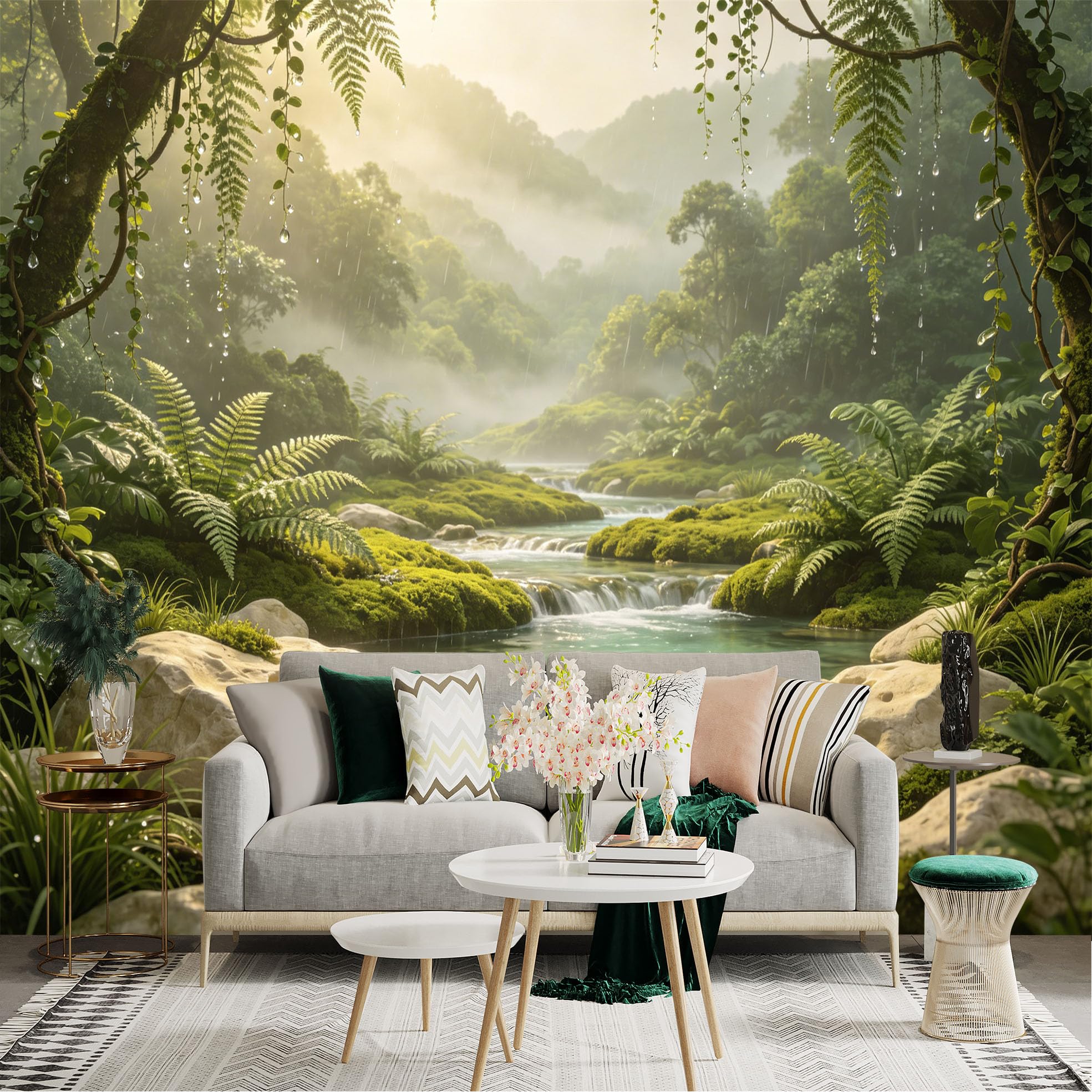 Custom Size Wall Sticker Mural， Misty Forest Waterfall with Ferns and River Stream， for wall Decoration， peelandstick wall Decals.
