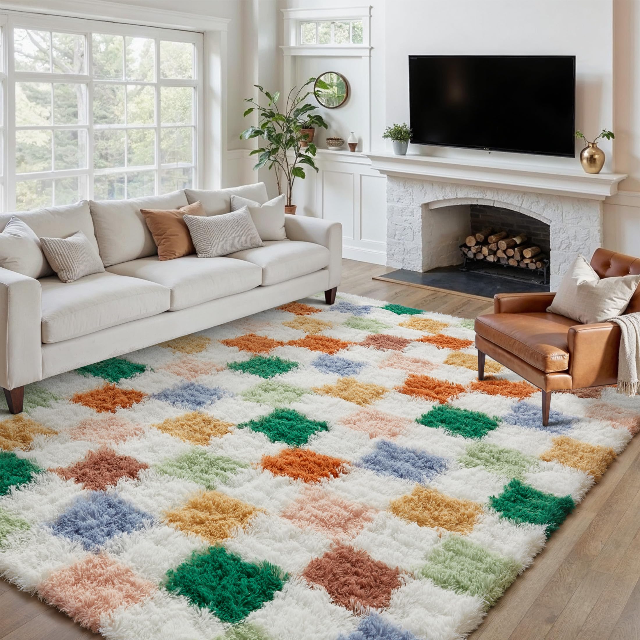 HUGEAR Kariert Flauschig Teppich Wohnzimmer 200x300 Teppiche Multicolore Weiß Shaggy rutschfest Kinderzimmer Mädchen Junge Carpet Schlafzimmer Hochflor Weich Groß Carpets