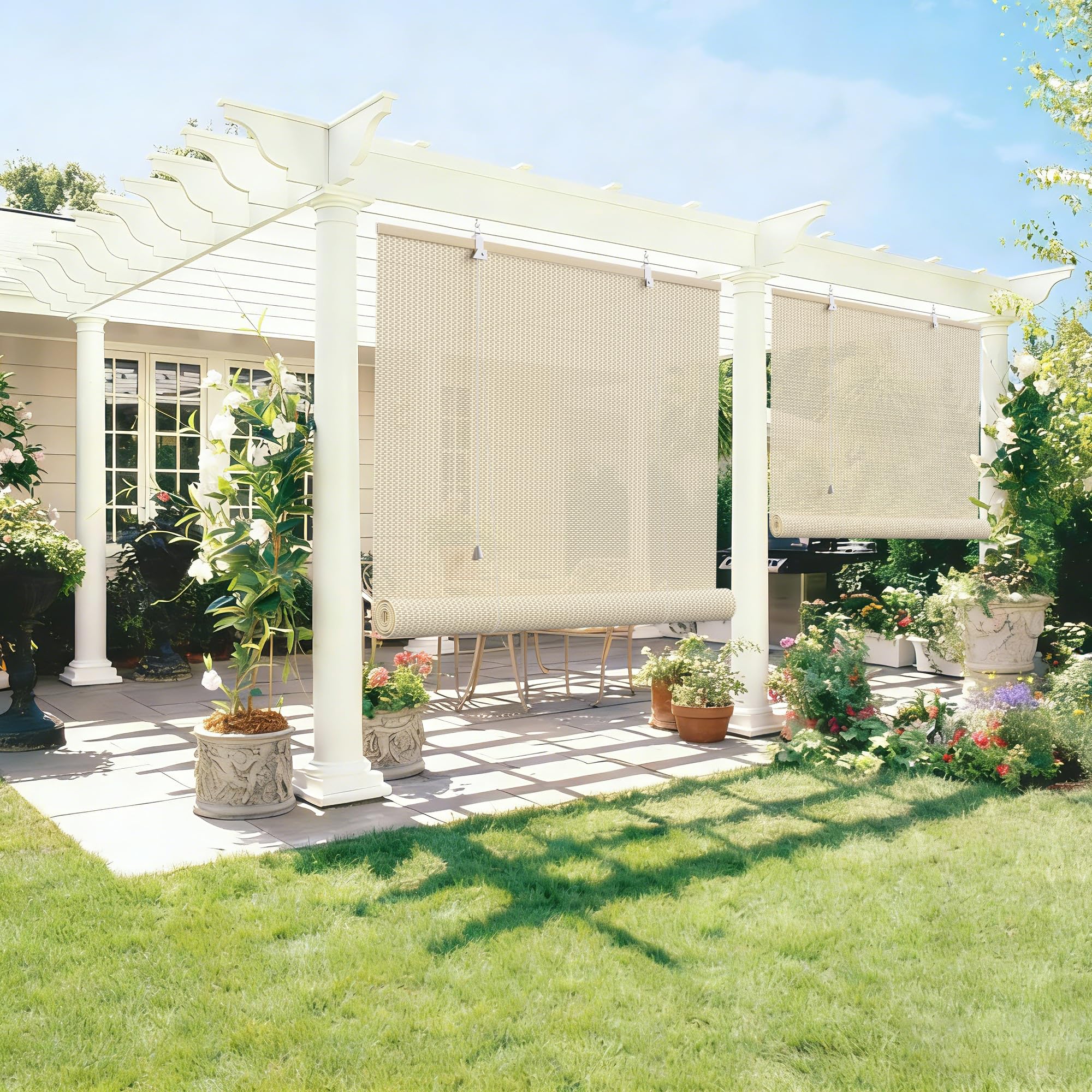 Grandekor Store Enrouleur Extérieur Occultant Bambou 110 x 220cm Crème, Résistant Extérieur pour Terrasse Véranda Pergola Porte & Fenêtre