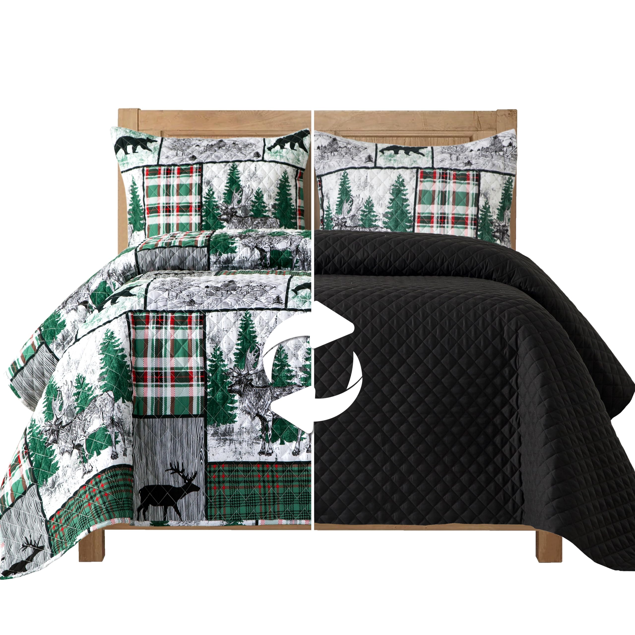 Elegant Comfort 3-Piece Holiday Quilted Reversible Plaid Patchwork Bedspread Coverlet Set with Pillow Shams, Premium Stitching All Season Heavy Weight-Ultra Soft Luxury Quilt - King, Forest