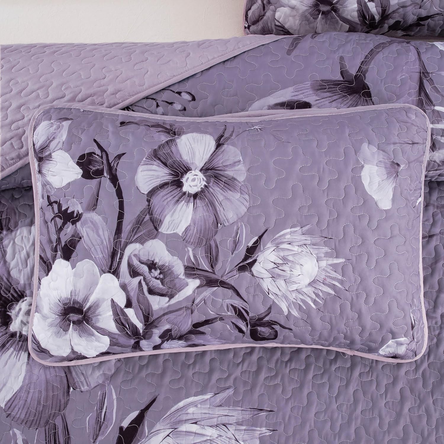 Floral Quilt Set Queen 3 Pieces Dark Purple Boho Flower Quilt Coverlet Set Soft Microfiber Lightweight Floral Quilted Bedspread with 2 Pillow Shams for All Season 90"x96" - Image 8