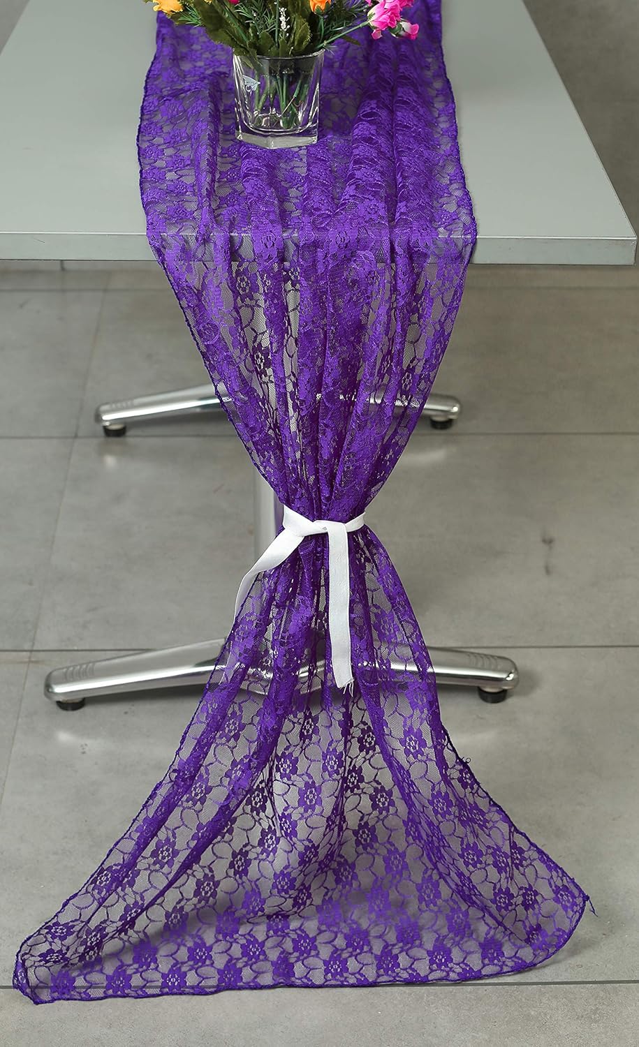 MDS Pack of 5 Wedding 27 x 120 inches Long Sheer lace Table Runner for Wedding Banquets Decorations Birthday Parties, Engagements, Rustic Boho for 10Ft Table Runners - Cadbury Purple