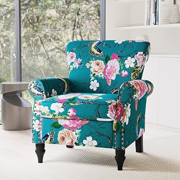 Accent Chair, Upholstered High Back Floral Armchair with Nailhead Trim & Wood Legs, Comfy Wingback Reading Single Sofa Chair for Small Spaces, Living Room, Bedroom Blue Floral, Set of 1