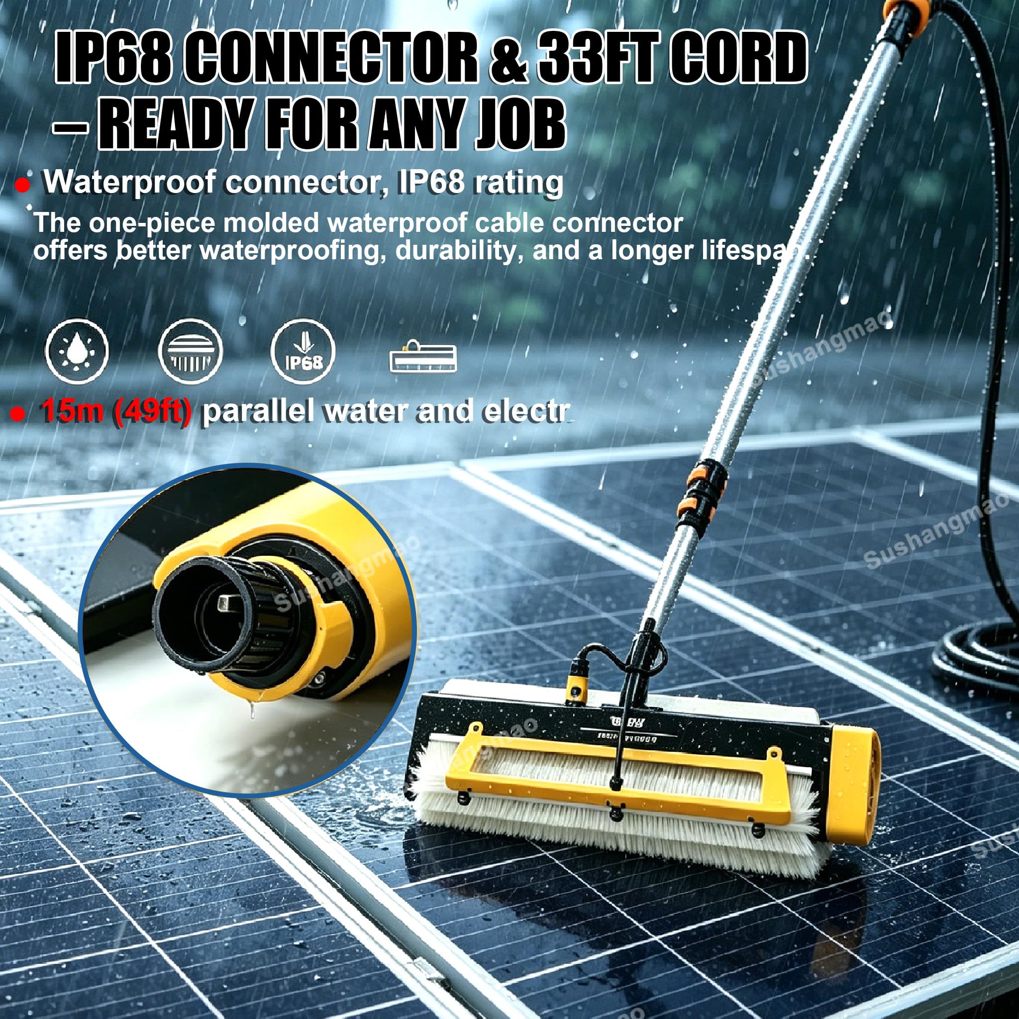 Kit De Limpieza De Paneles Fotovoltaicos – Con Batería 29.000 Mah, Cepillo 60 Cm A 380 Rpm, Raspador Trasero De Silicona, Pértiga De Fibra De Carbono – Limpiador Fotovoltaico Mains-10m(32.8ft)