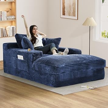 DAMAIFROM 76" D Oversized Chaise Lounge Chair Indoor with Cup Holders,Blue | Comfy Reading Chair,with Cup Holders & Side Pocket,Plush Corduroy 30D High Density Sponge Boneless Chair with 2-Layer Sponge