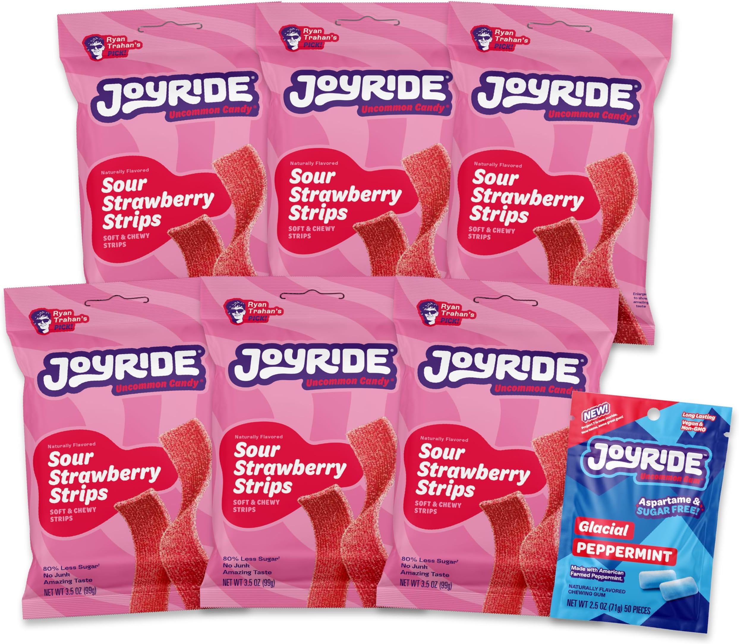 Strawberry Sour Strips - 3.5 oz 6-Pack Bundle with 2.5oz Glacial Peppermint Gum, Low Sugar, Sour Belt Candy, Dye Free, Low Calorie Snacks, Healthy Candy (7 Items)