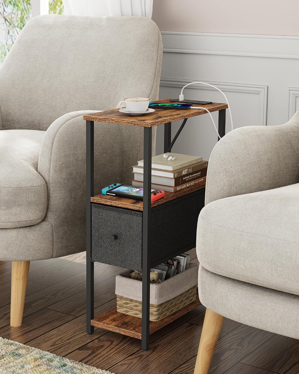 TUTOTAK Small Narrow End Table with Charging Station, Set of 2 image 2
