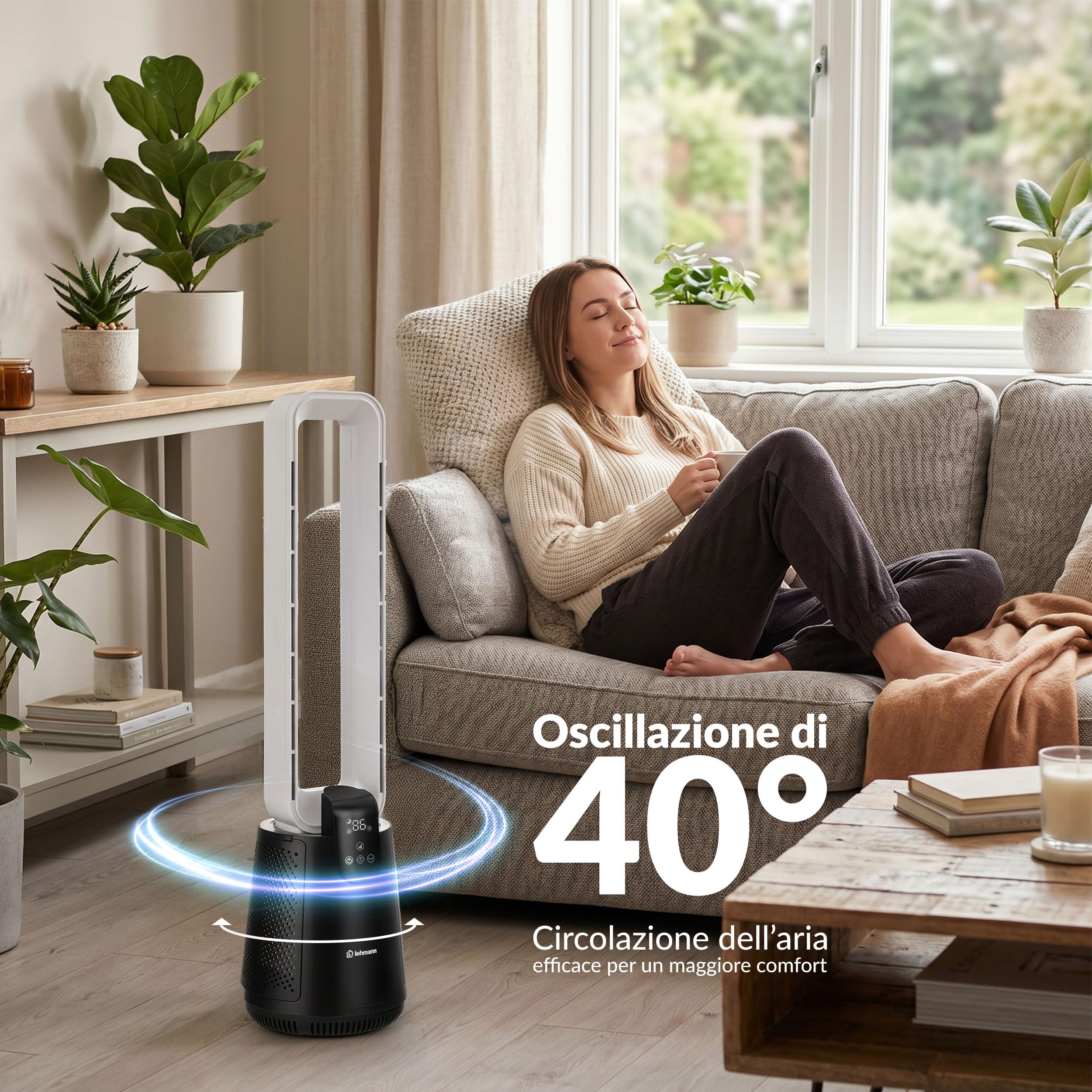 LEHMANN Ventilatore a Torre senza Pale 2 in 1 con Purificatore d'Aria, 2 Filtri HEPA, Silenzioso Modalità Notte, Timer 1-12 h, Telecomando e Display LED, Oscillazione, Per Camera da Letto & Ufficio