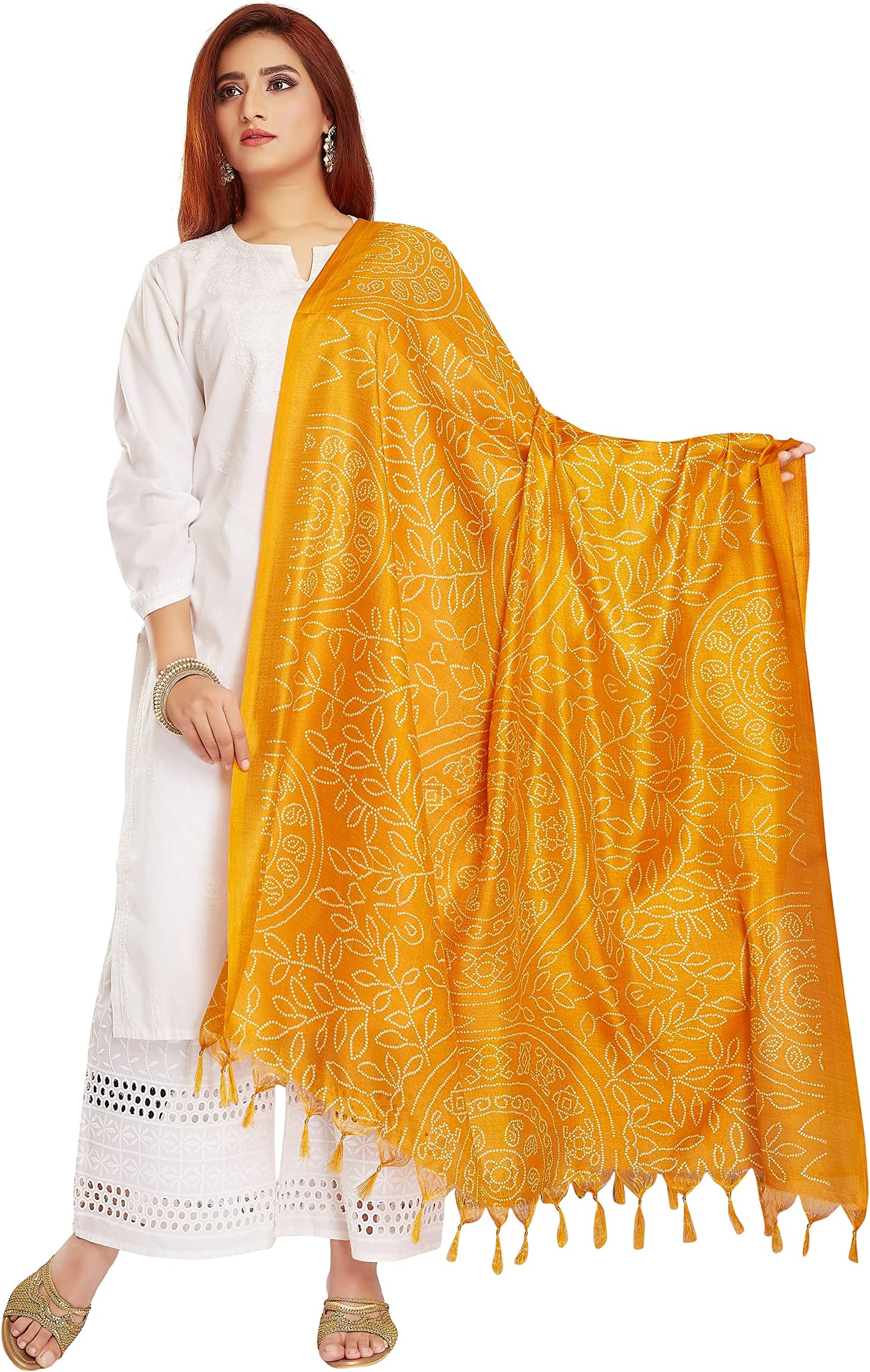 RANI SAAHIBA Women's Art Silk Printed Dupatta, Gold, Free