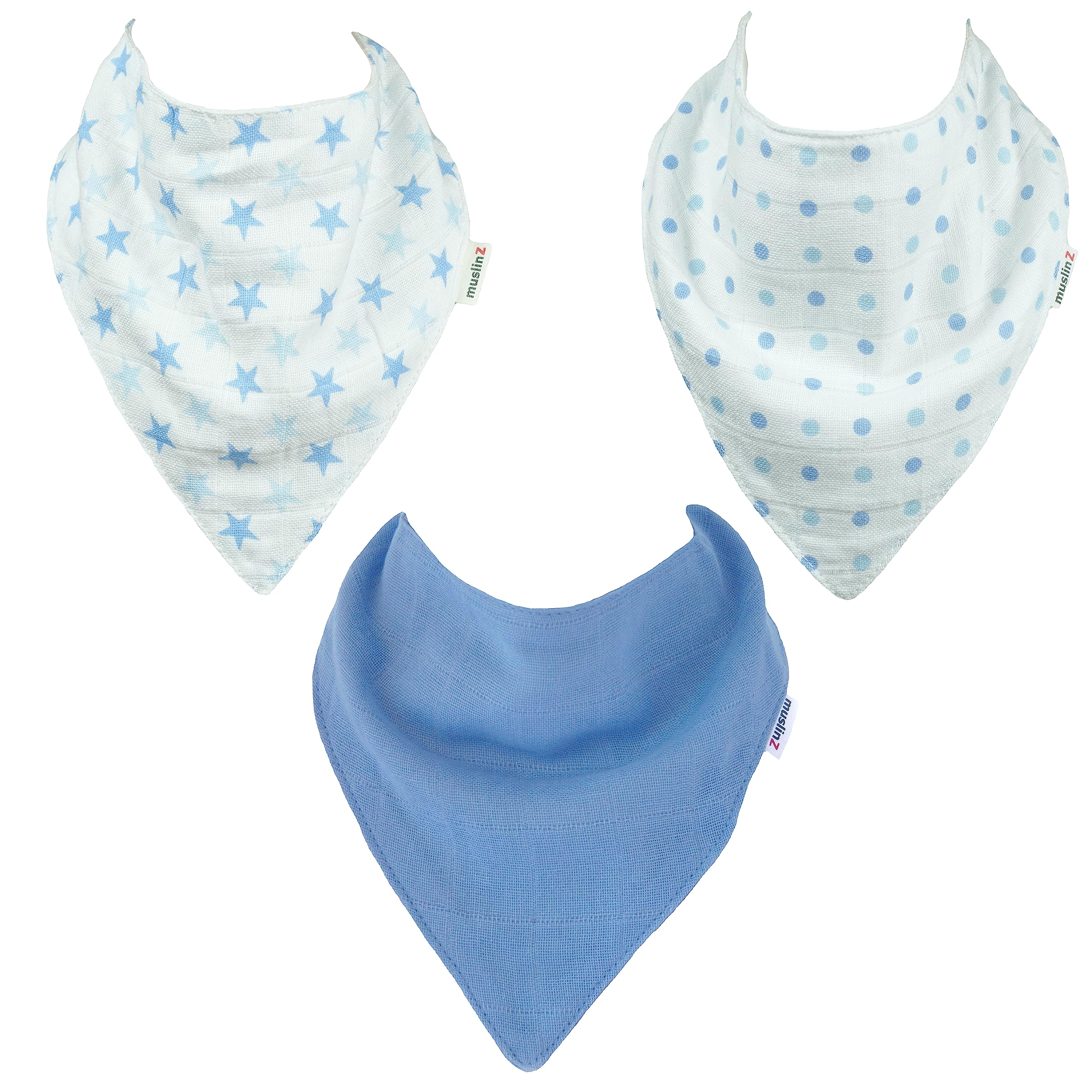 Muslinz Blue 3Pk 100% Pure Cotton Muslin Baby Dribble Bibs, Newborn Bibs (Blue)