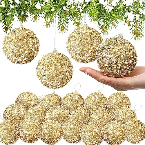 Vista 94 de Lyrow Juego de 24 adornos de bolas de Navidad con purpurina de 4 pulgadas, bolas de Navidad a granel, adornos colgantes de espuma de lentejuelas