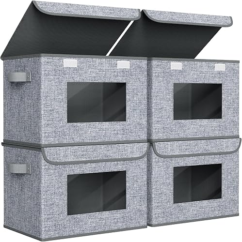 Univivi Cajas de almacenamiento plegables de tela 4 unidades Contenedores de almacenamiento grandes plegables con tapas, organizadores de armario y