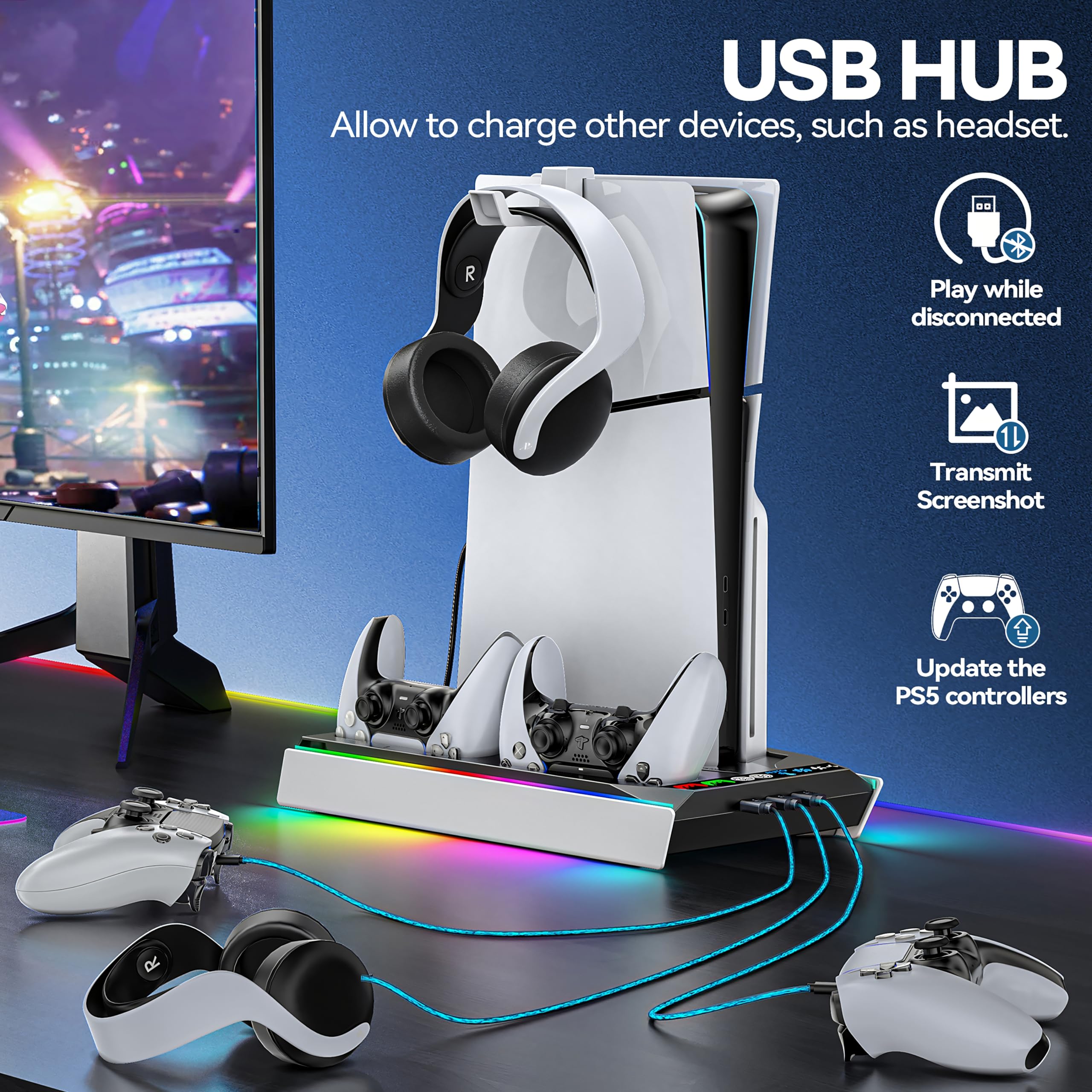 Tokluck PS-5/PRO/Slim Ständer mit Automatisch Einstellbarer 3-Stufen-Lüfter für Alle PS-5 Konsole, P5 Standfuß und Controller Ladestation für P5 & Edge Controller, P 5 Zubehörset