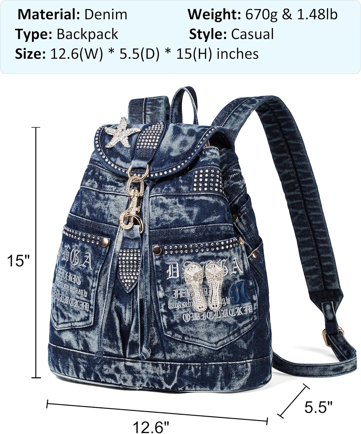 Fashion Denim Backpack Purse for Women Jean Bags With Rhinestones Decorations Casual Daypacks (With Beach Sandals Blue) - Image 2