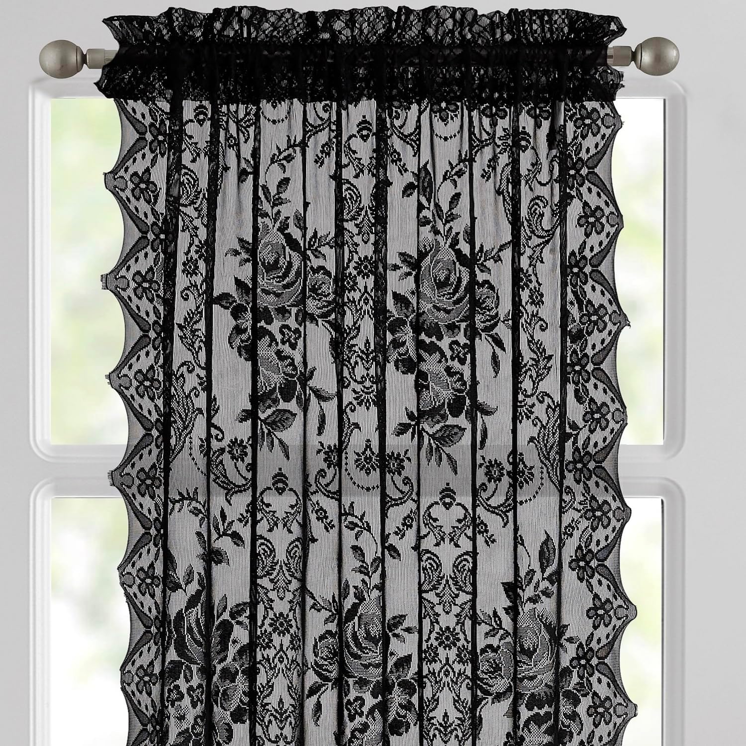 LinenZone Pair of Premium Lace French Door Curtains or Sidelight Door Curtains with 2 Tiebacks. Short Width Semi Sheer Glass Door Curtains Feature Rustic English Rose Design. (Luna 30 x 72, Black)
